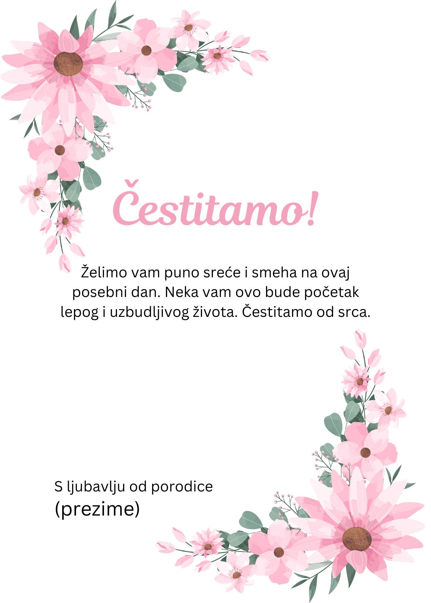 Čestitka za venčanje sa roze cvećem gore levo i dole desno.