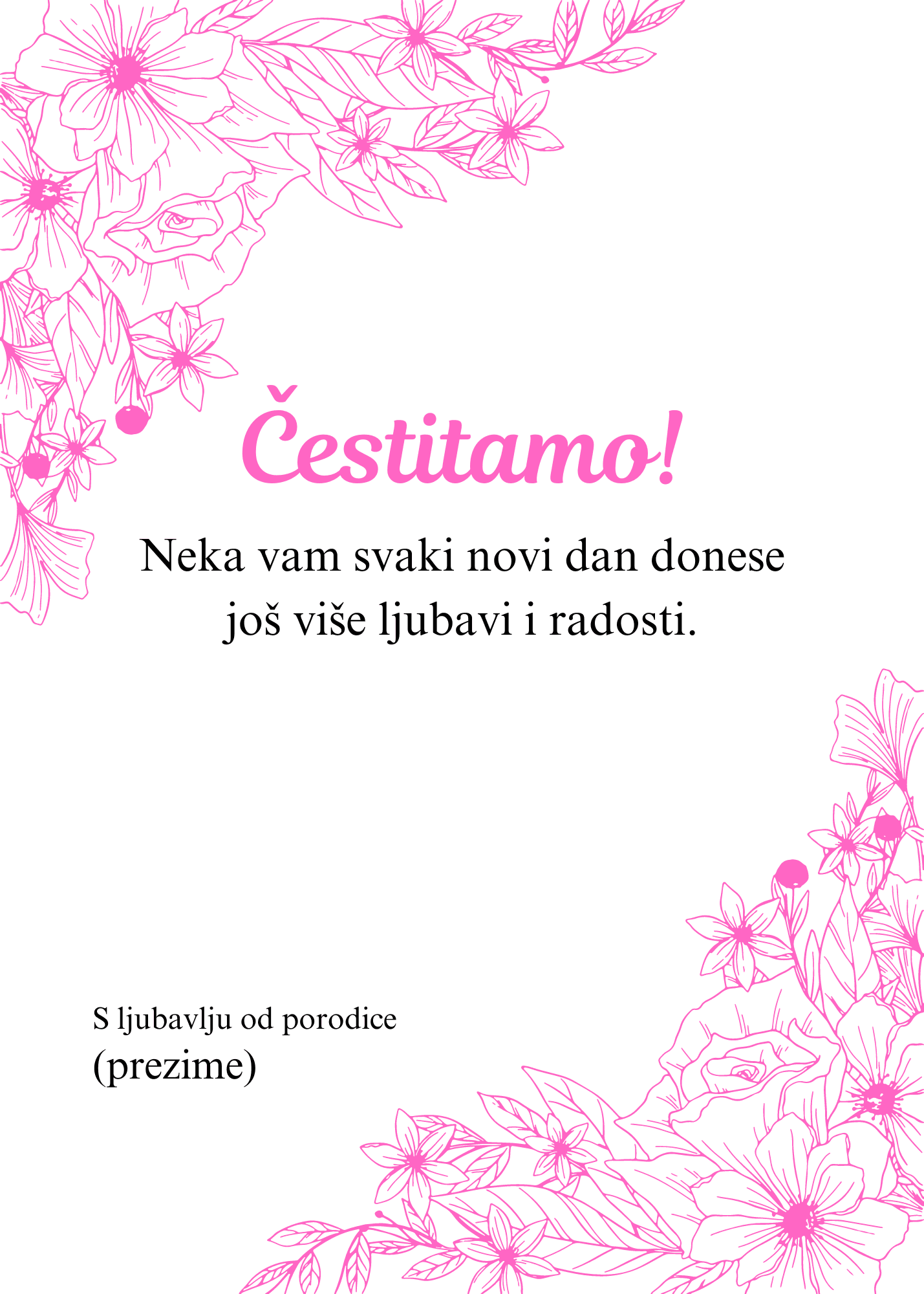 Čestitka za venčanje sa ilustracijom cveća roze boje.