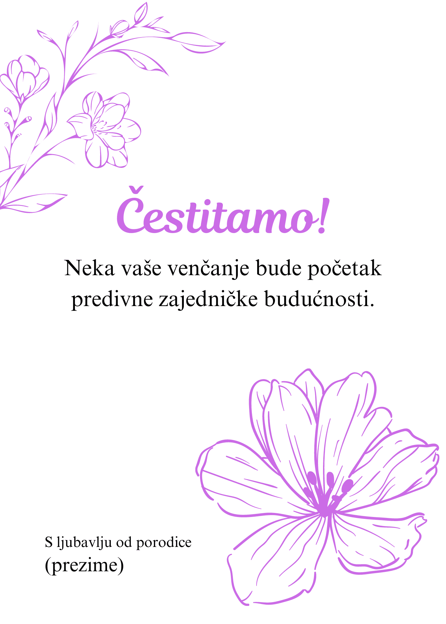 Čestitka za venčanje sa ilustracijom cveća ljubičaste boje gore.