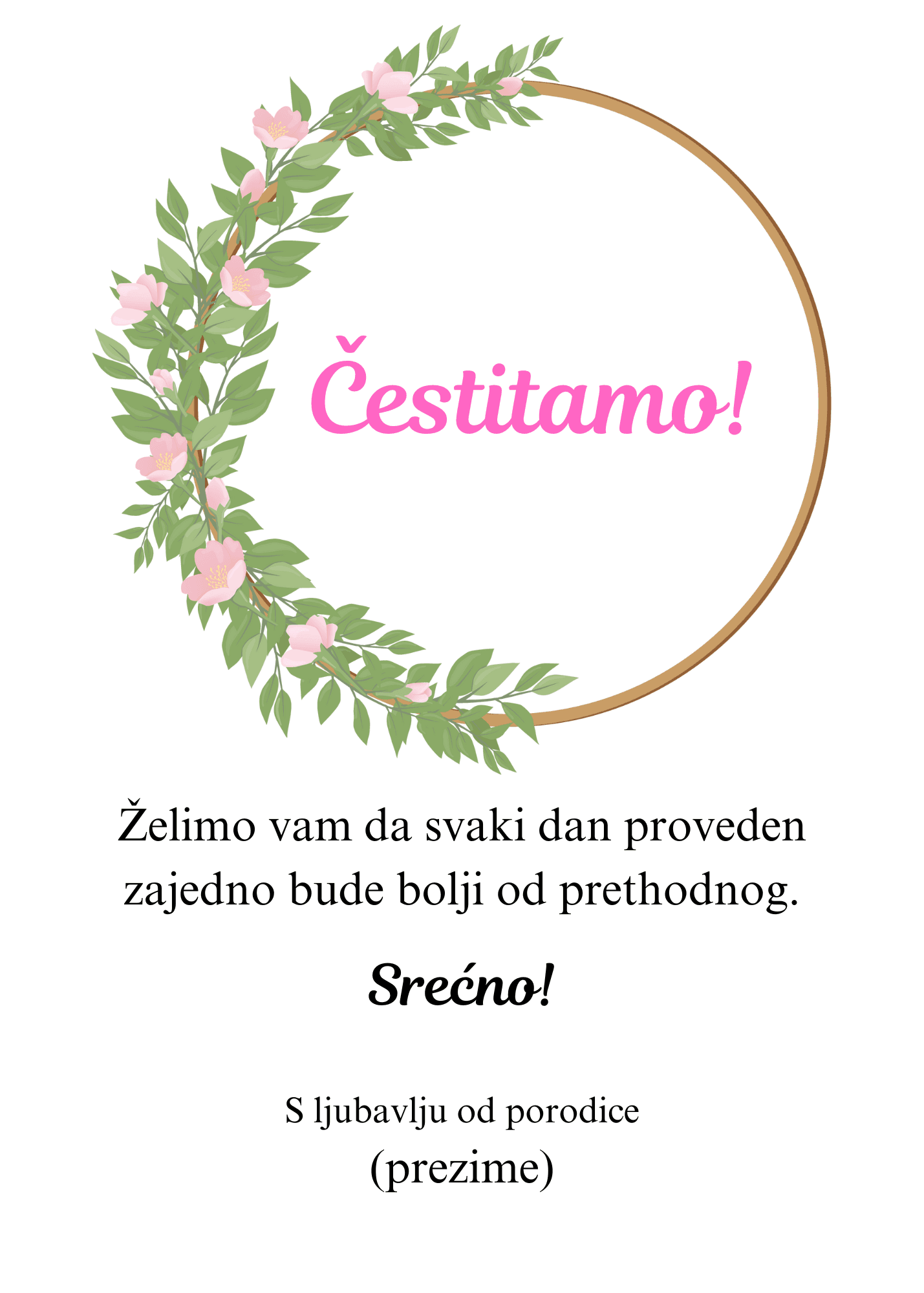 Čestitka za venčanje sa tekstom unutar kruga od cveća roze boje.