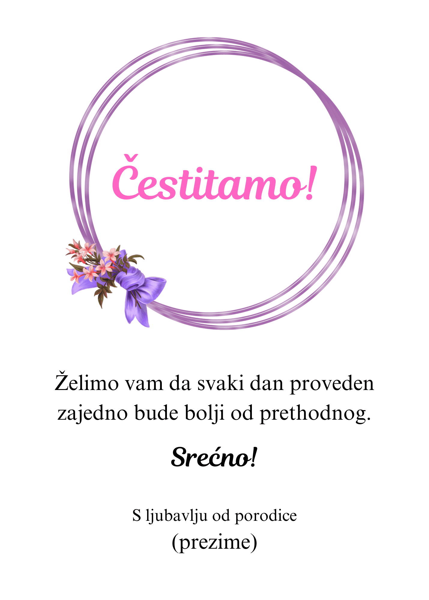 Čestitka za venčanje sa tekstom unutar tri kruga na kom se nalazi ilustracija cveća.