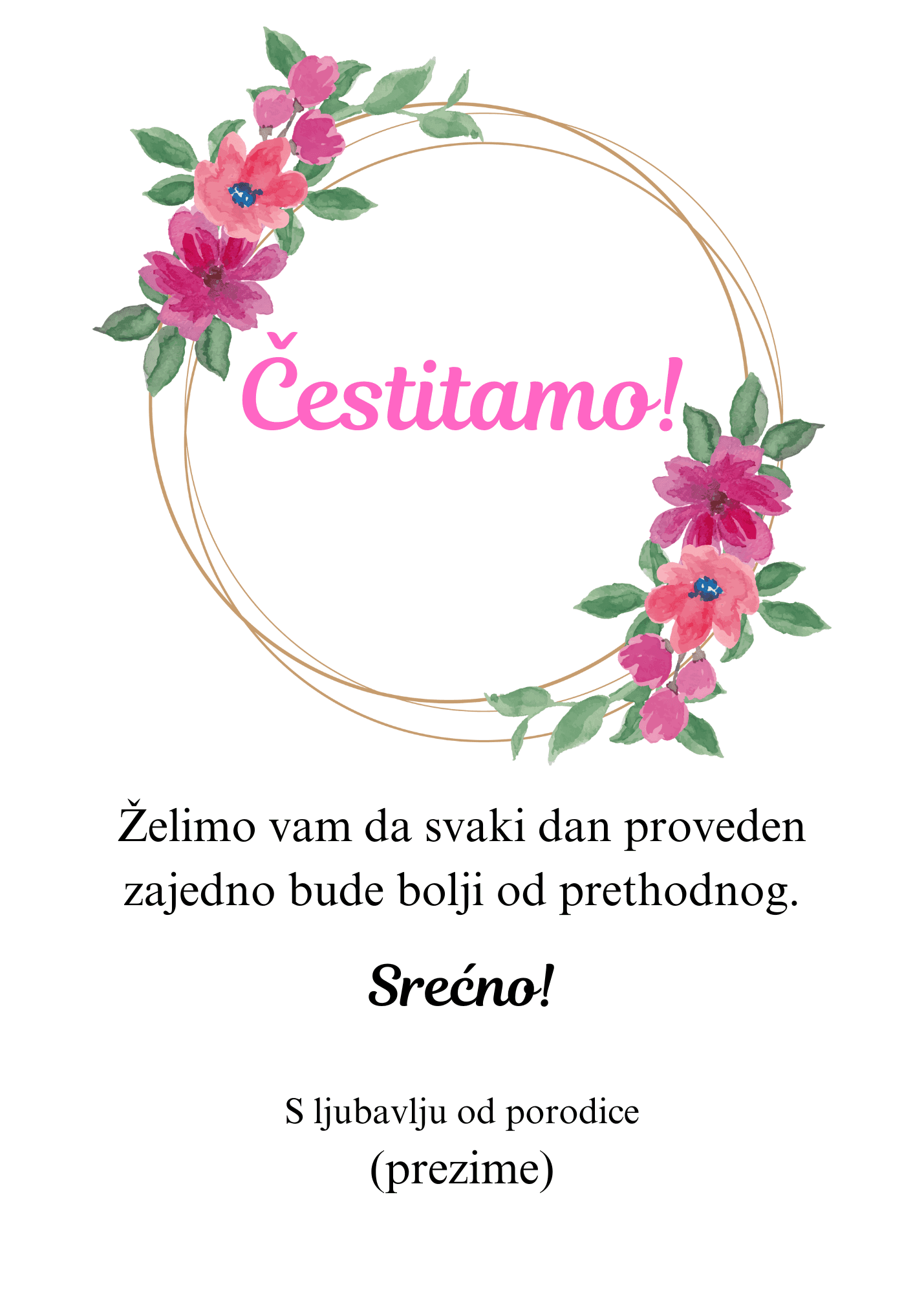 <p>Čestitka za venčanje sa tekstom unutar kruga na kom se nalazi cveće, sa detaljima ispod.</p>