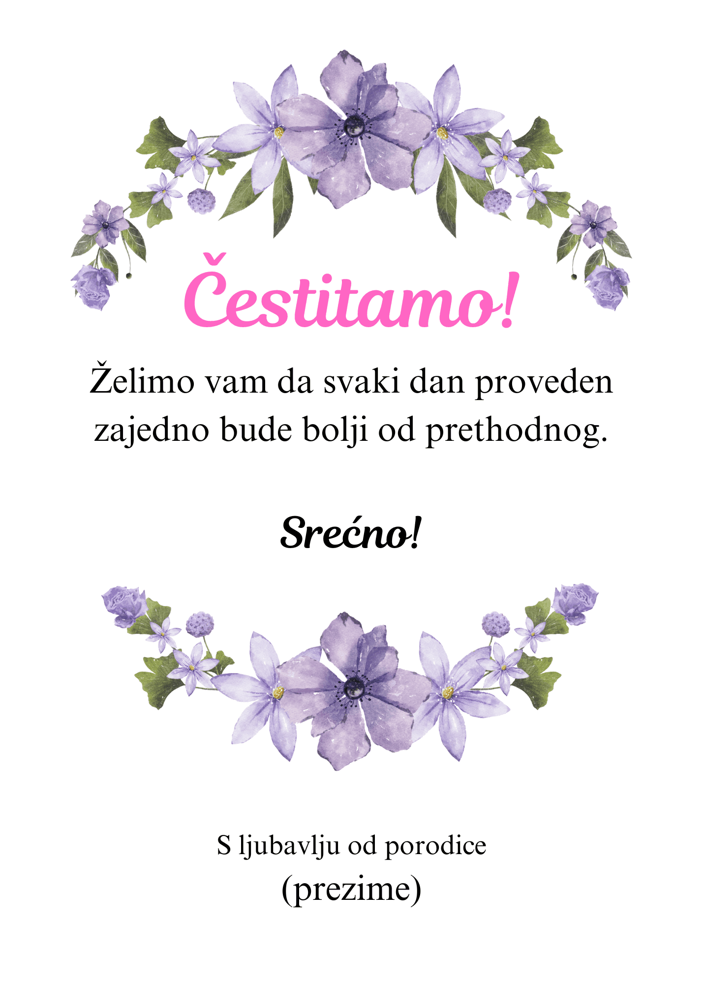 <p>Čestitka za venčanje sa ljubičastim cvećem polukružno iznad i ispod teksta.</p>