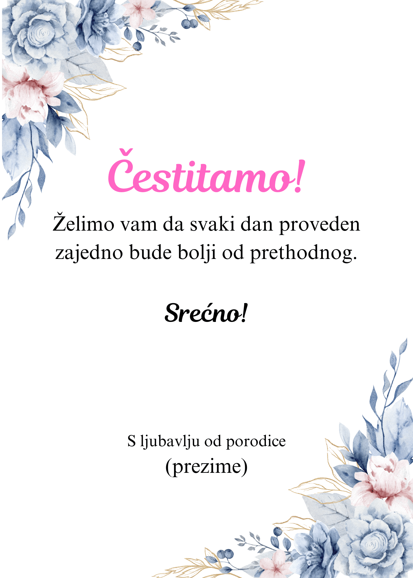 <p>Čestitka za venčanje sa plavim cvećem gore levo i dole desno i tekstom ispod.</p>