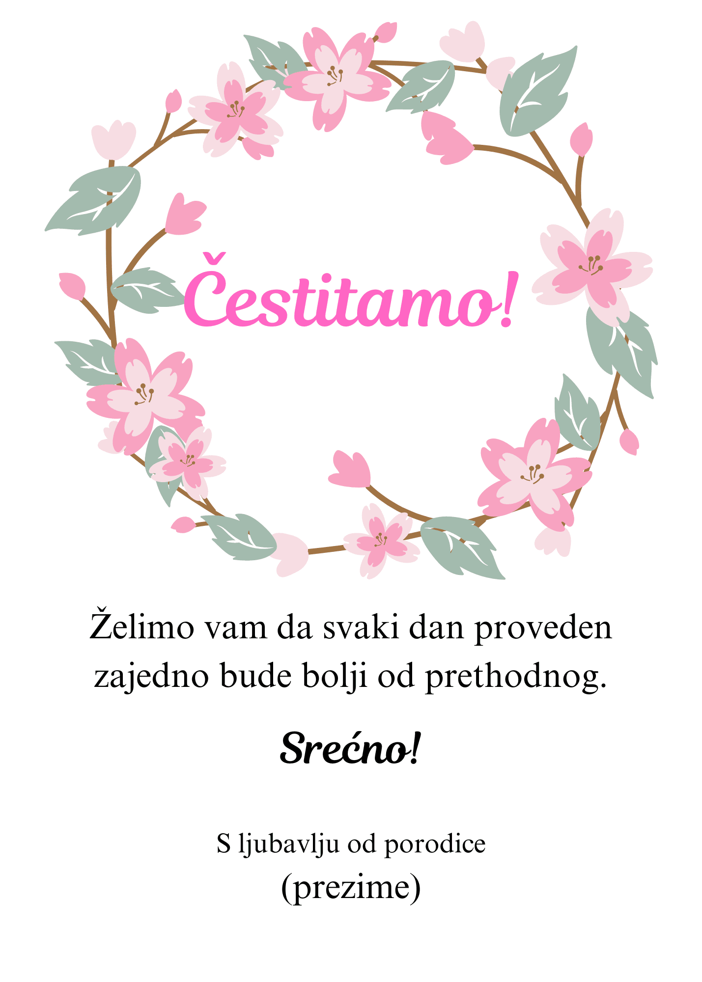<p>Čestitka za venčanje sa tekstom unutar ilustracije kruga od cveća roze boje.</p>
