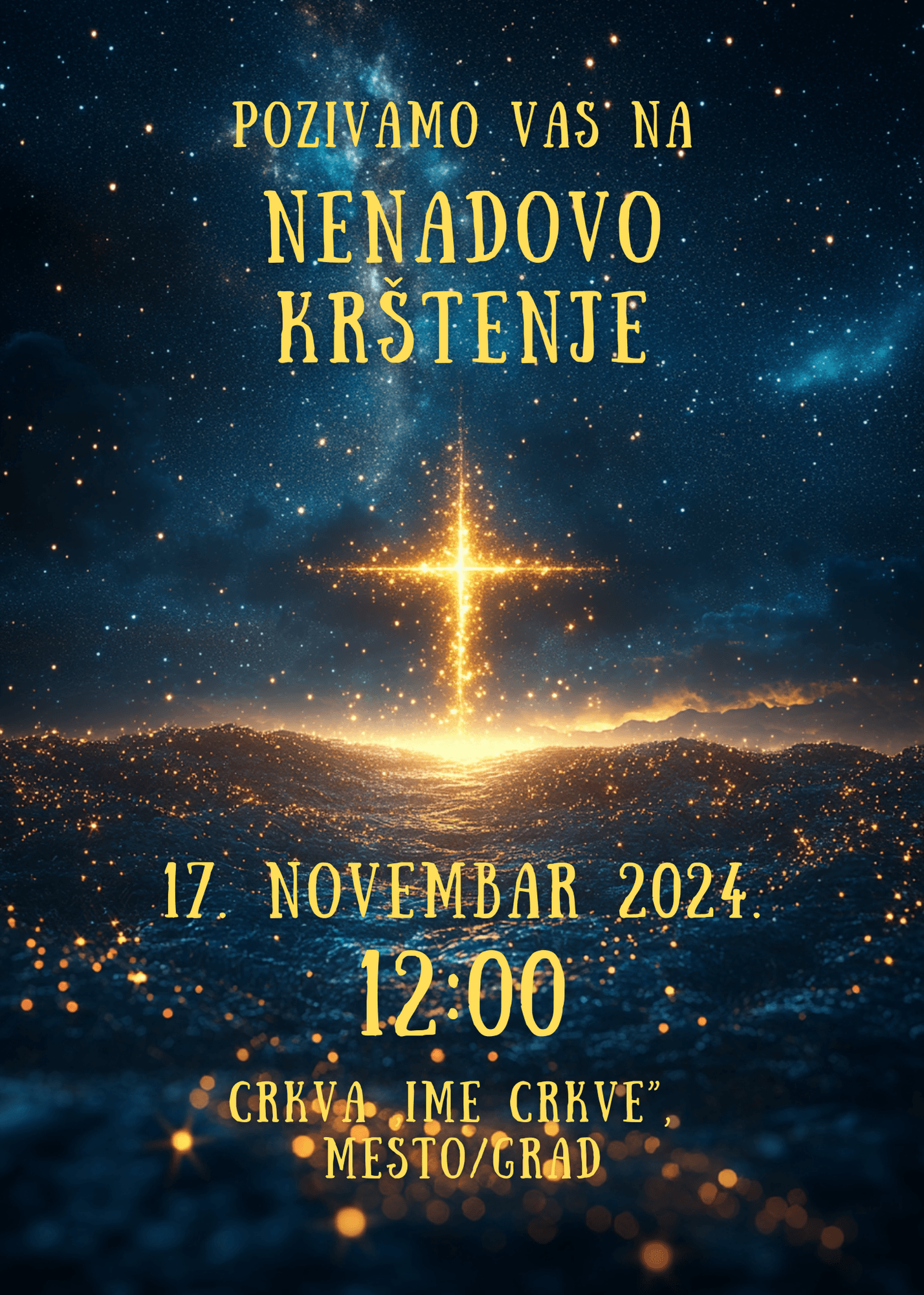 Pozivnica za krštenje sa motivima zvezdanog neba, sjajnog krsta i površine mora