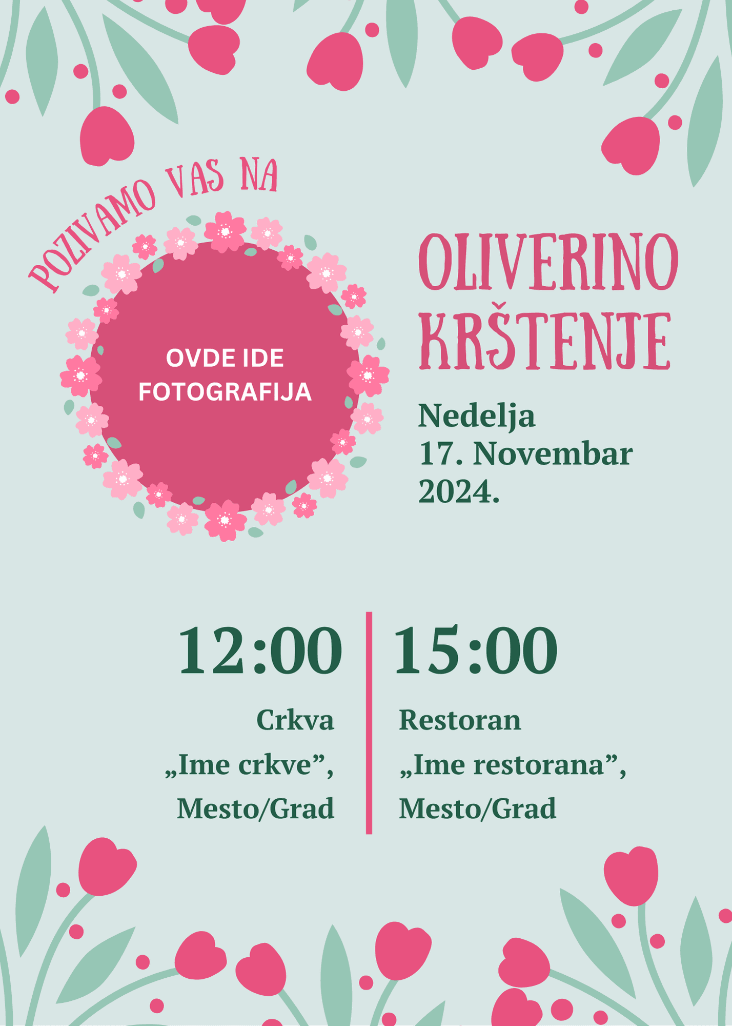 Pozivnica za krštenje sa mestom za fotografiju i ilustracijom cveća roze boje sa gornje i donje strane pozivnice.