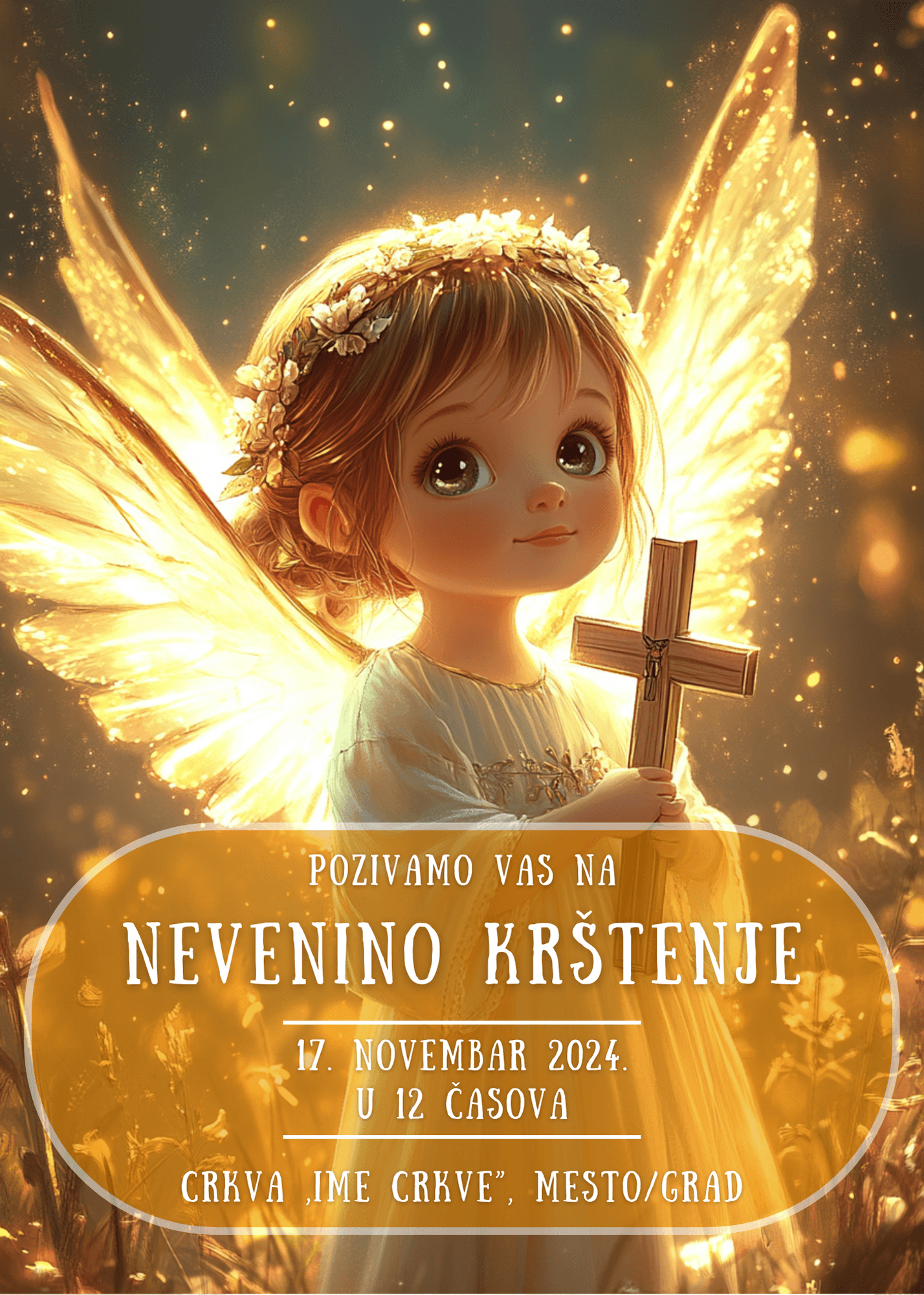 <p>Pozivnica za krštenje sa ilustracijom devojčice anđela sa sjajnim krilima koja drži drveni krst u rukama.</p>