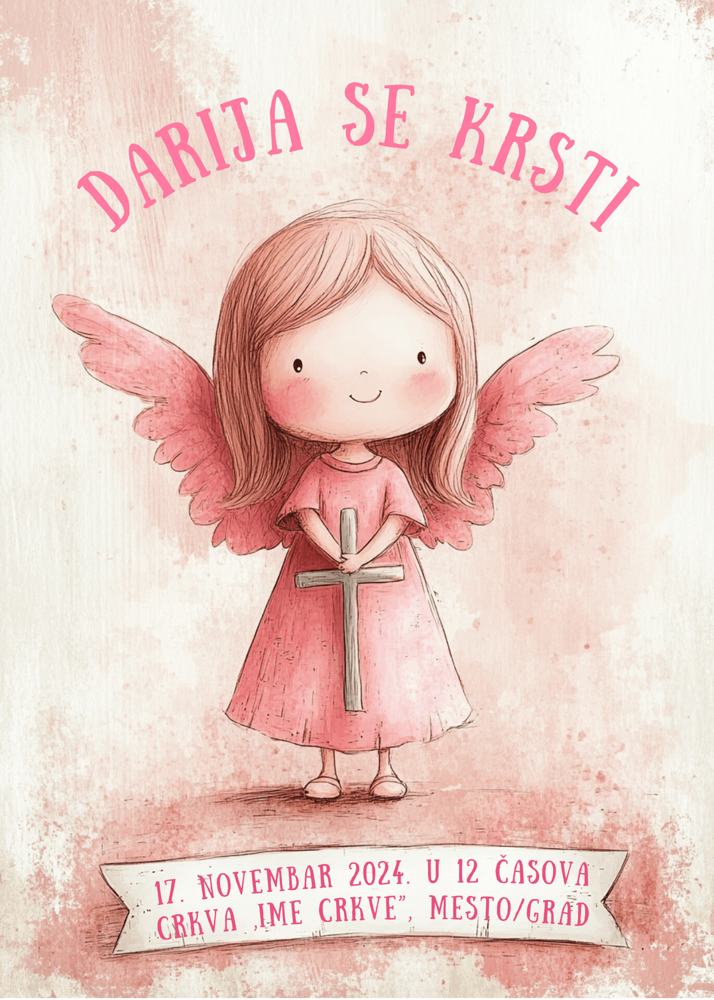 <p>Pozivnica za krštenje sa ilustracijom devojčice u roze haljini sa roze krilima i krstom u rukama.</p>