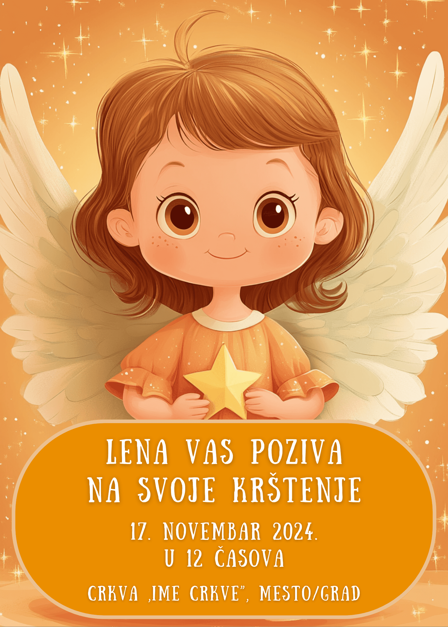 <p>Pozivnica za krštenje sa ilustracijom devojčice sa belim krilima i zvezdom u rukama. Ispod su informacije o krštenju.</p>
