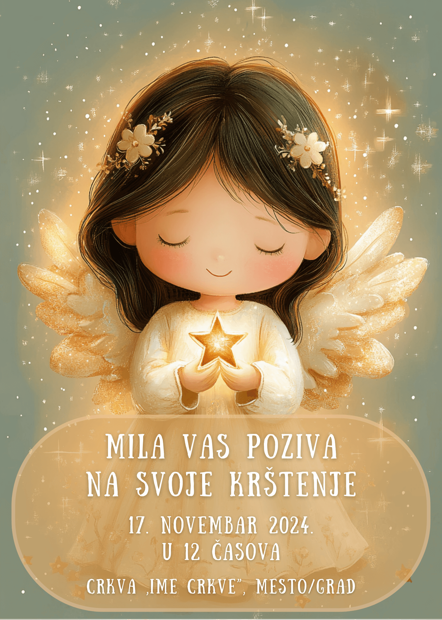 <p>Pozivnica za krštenje sa ilustracijom devojčice u beloj haljini sa belim krilima i zvezdicom u rukama.</p>