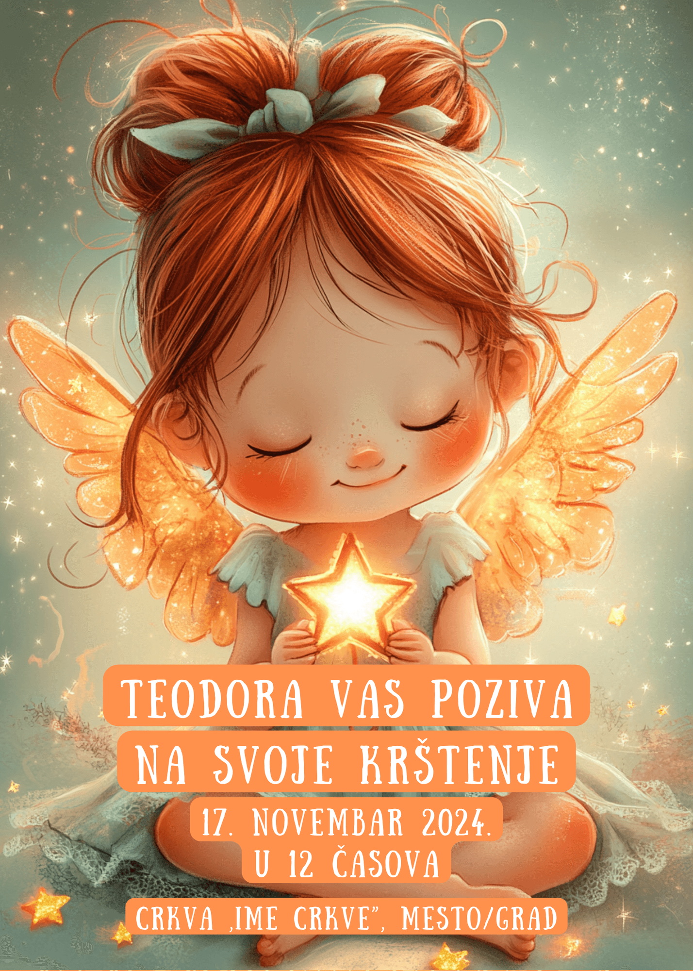 <p>Pozivnica za krštenje sa ilustracijom crvenokose devojčice sa narandžastim krilima i sjajnom zvezdicom u rukama.</p>