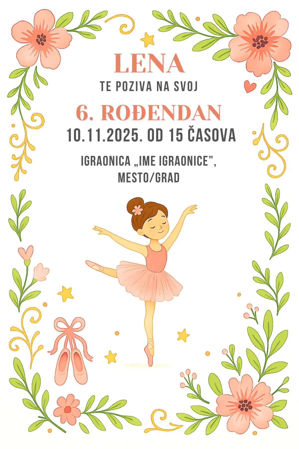 Pozivnica za rođendan sa balerinom i cvetnim okvirom