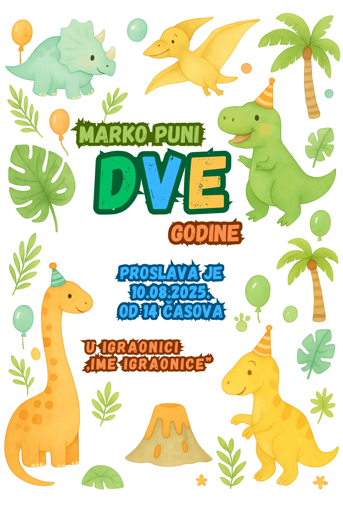 Pozivnica za rođendan sa dinosaurusima i tropskim dekoracijama