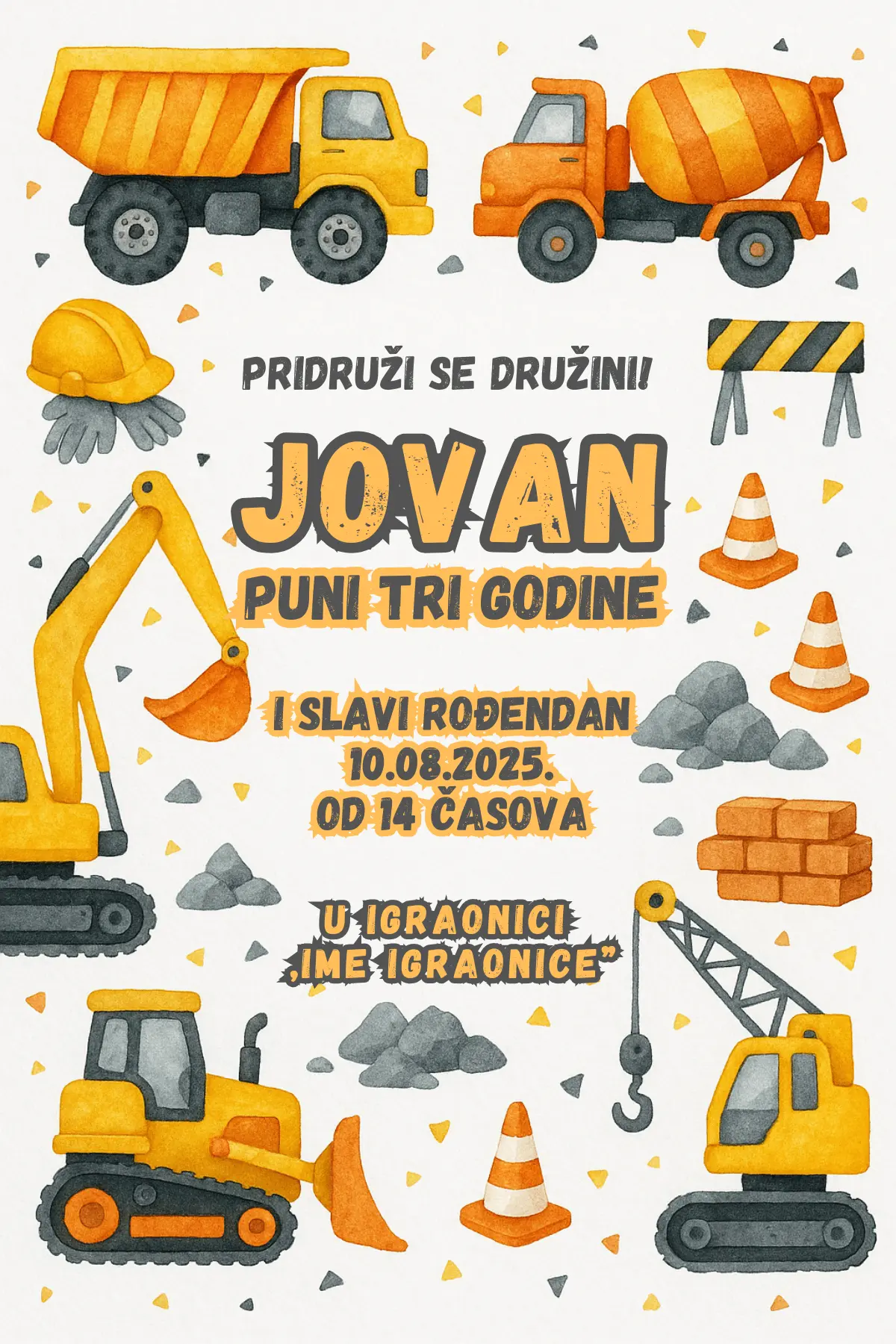 Pozivnica za rođendan sa građevinskim vozilima i radnom zonom