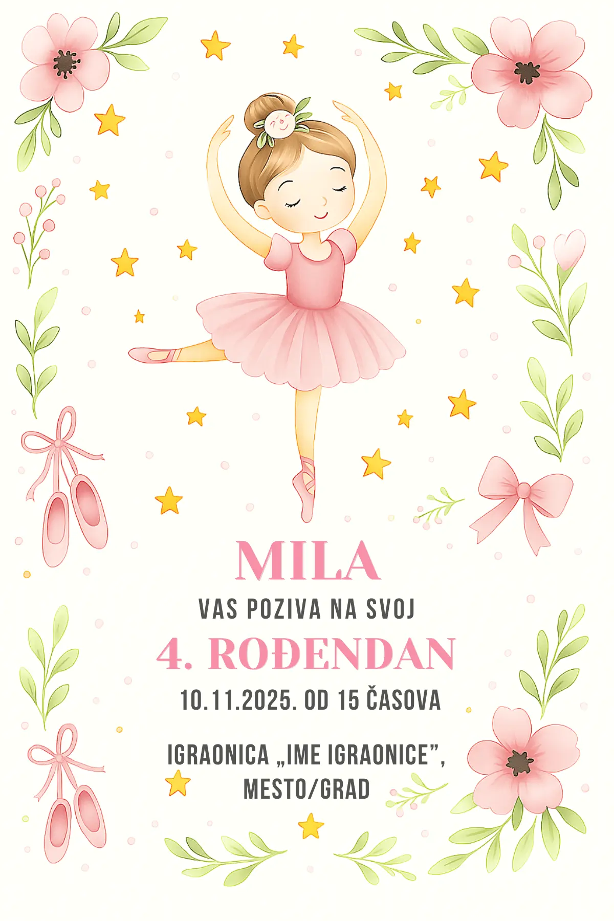 Pozivnica za rođendan sa balerinom u ružičastoj haljinici i cvetnim dekoracijama