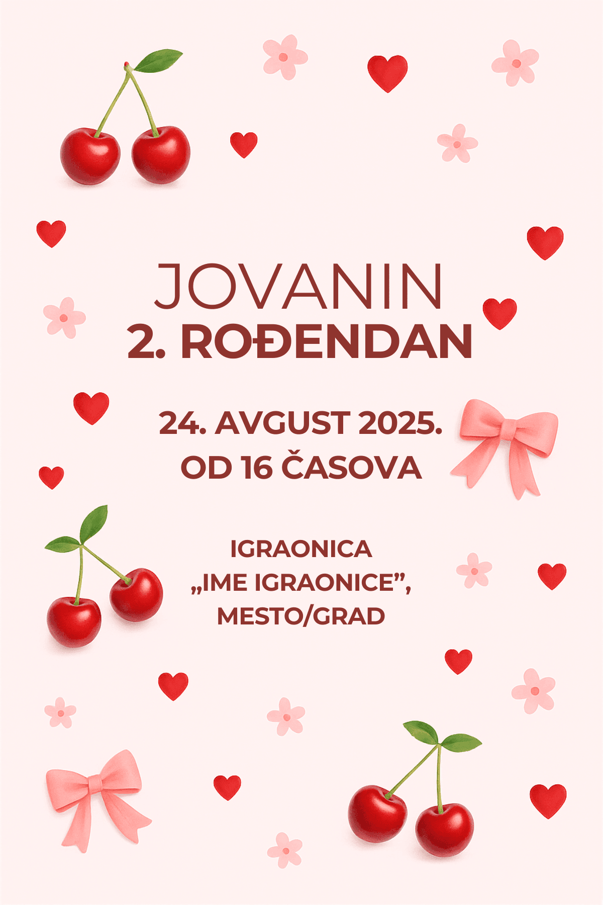 Pozivnica za rođendan sa trešnjama, srcima i mašnama