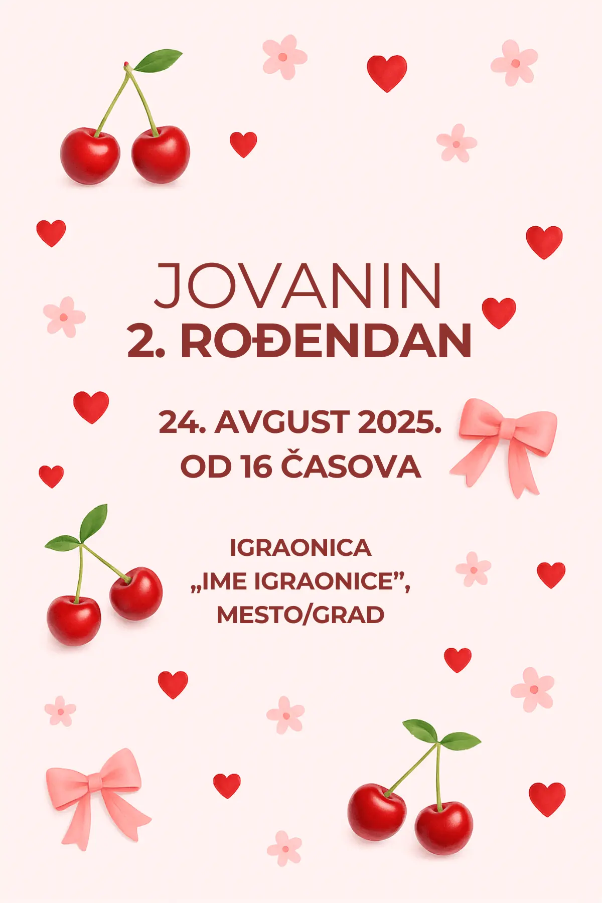 Pozivnica za rođendan sa trešnjama, srcima i mašnama