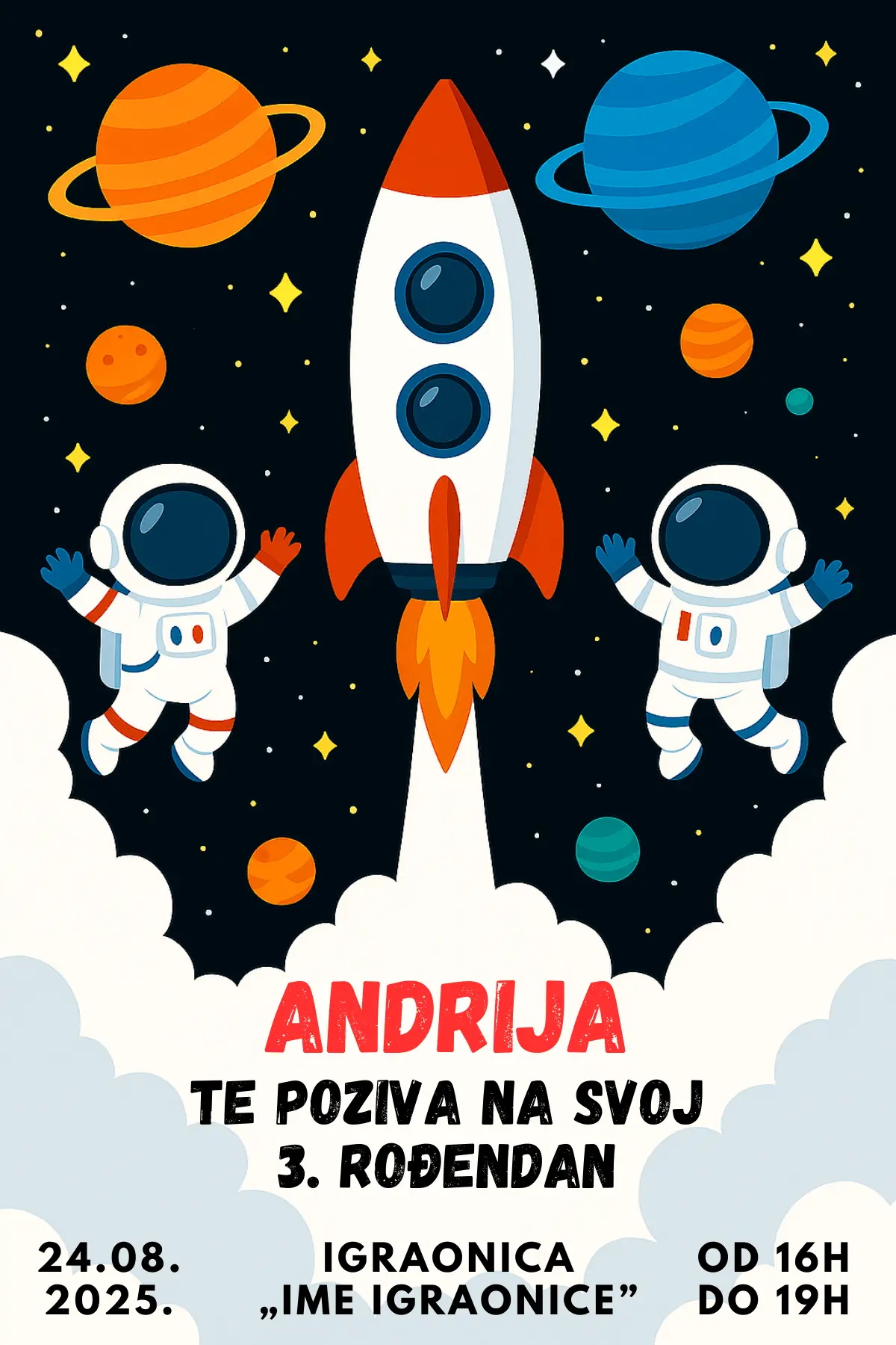 Pozivnica za rođendan sa svemirskom raketom i astronautima