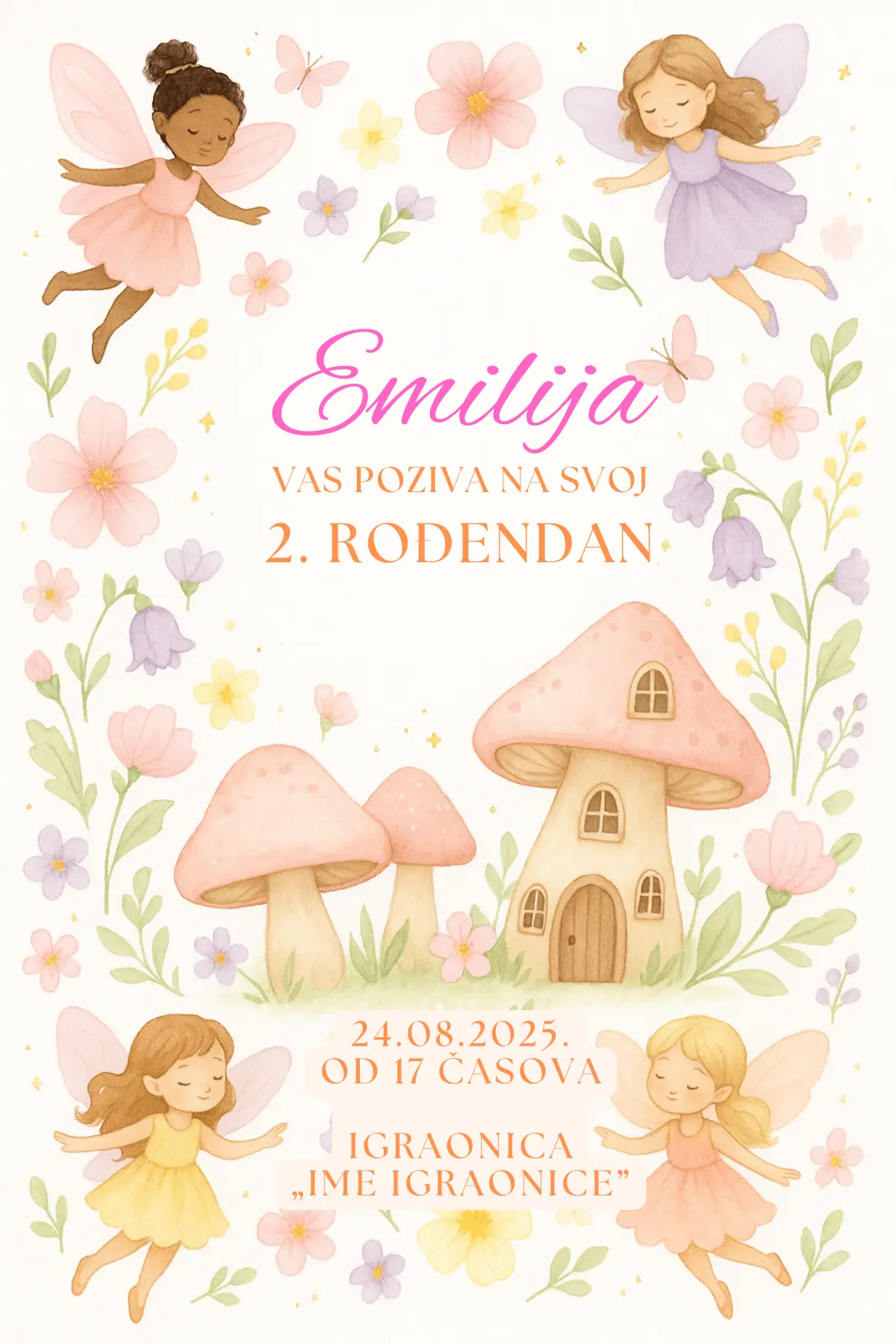 Pozivnica za rođendan sa vilama, cvetovima i kućicama u obliku pečurke