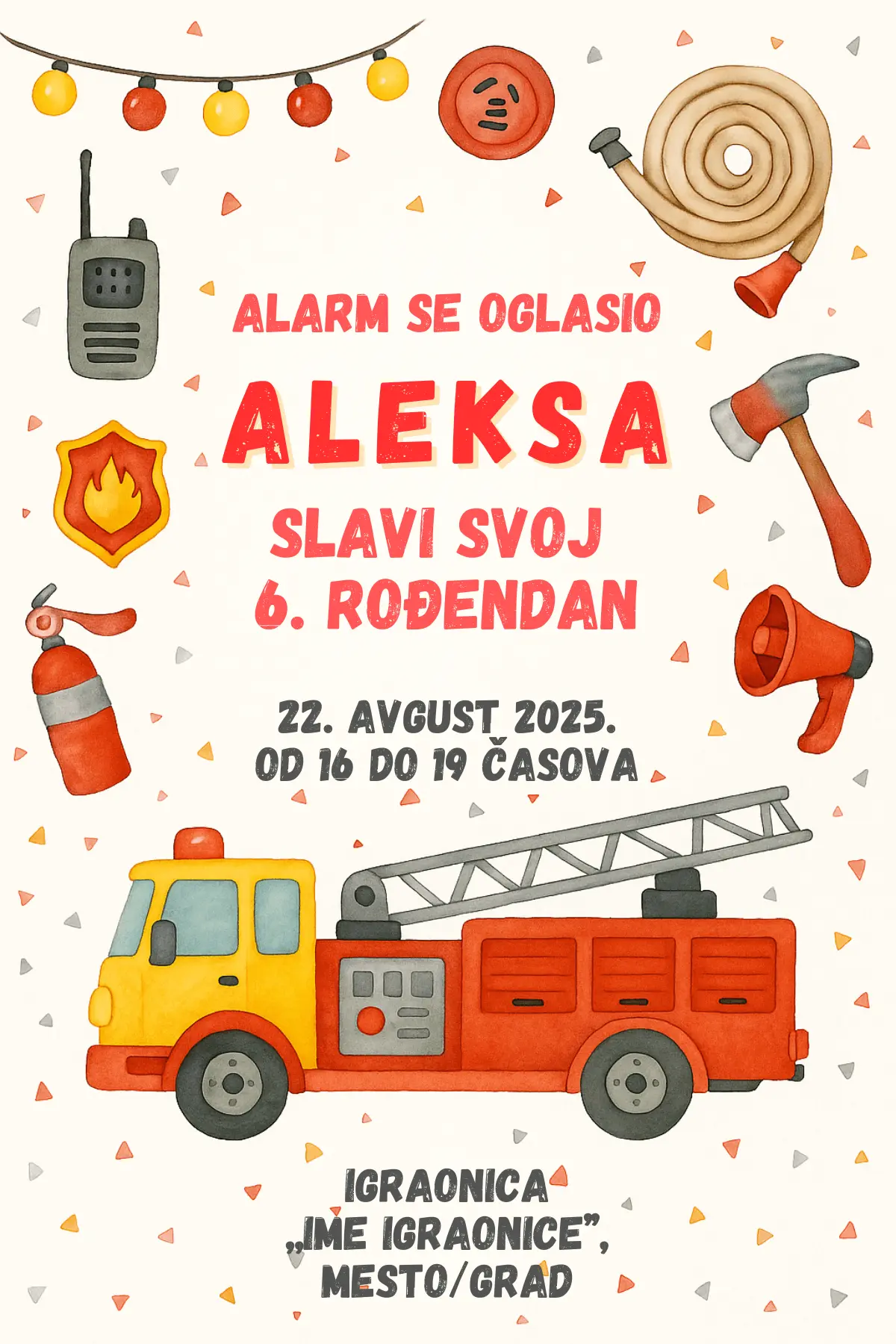 Pozivnica za rođendan sa vatrogasnim kamionom, šlemom i opremom
