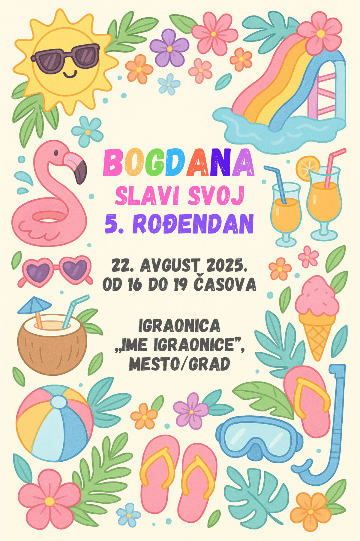 Pozivnica za rođendan sa flamingom, suncem, sladoledom i bazenom