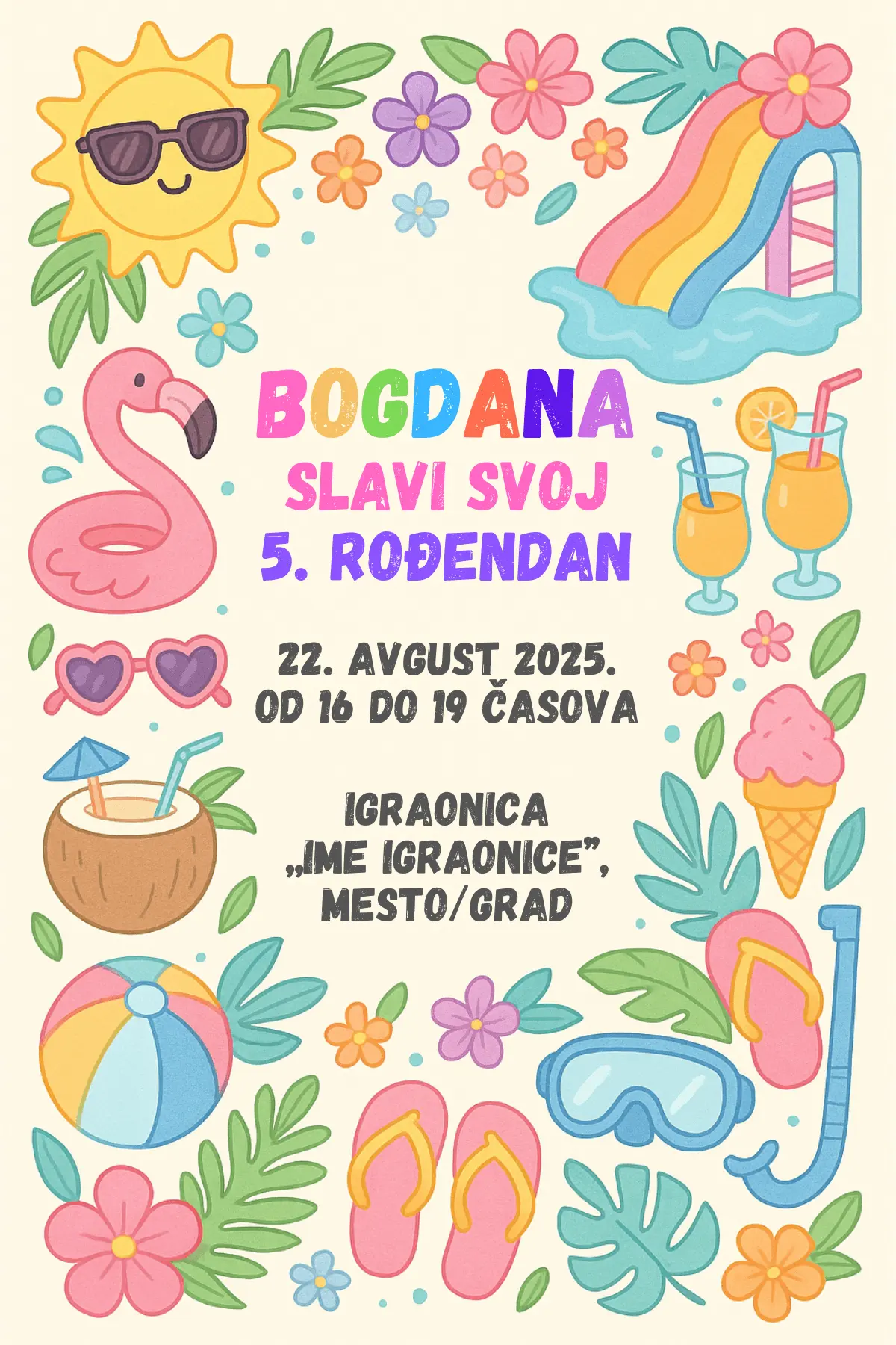 Pozivnica za rođendan sa flamingom, suncem, sladoledom i bazenom