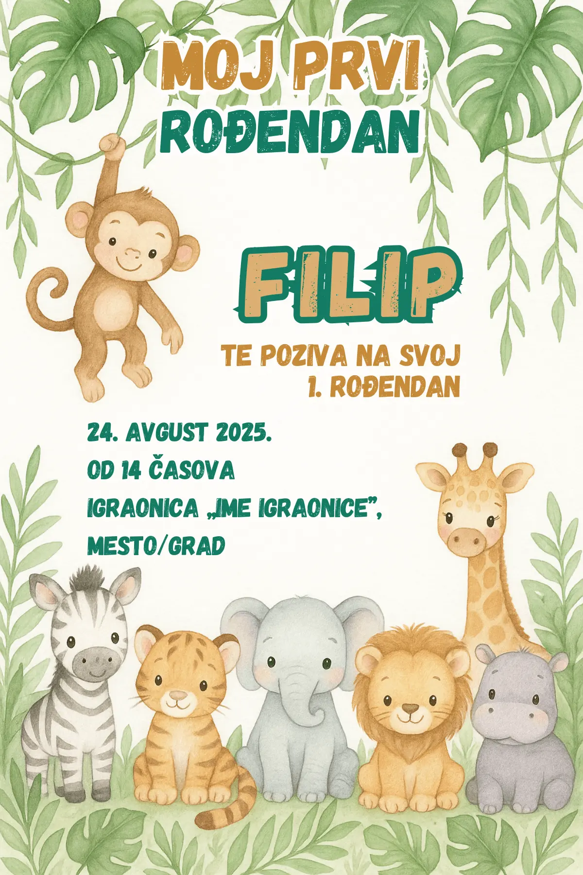 Pozivnica za prvi rođendan sa majmunom, lavom, tigrom, žirafom, slonom, zebrom i nilskim konjem