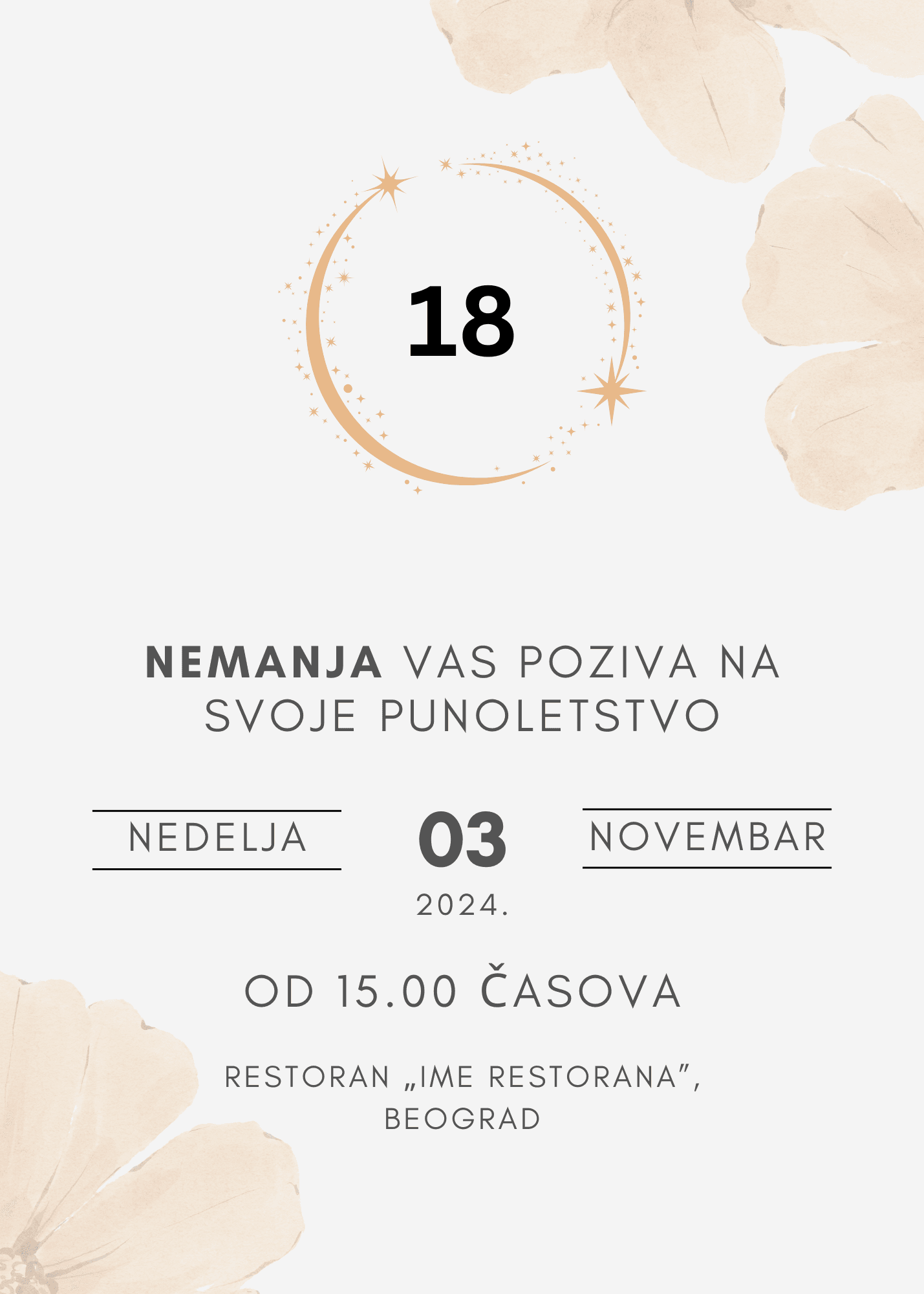 Elegantna pozivnica za proslavu 18. rođendana s cvetnim motivima i zlatnim detaljima.