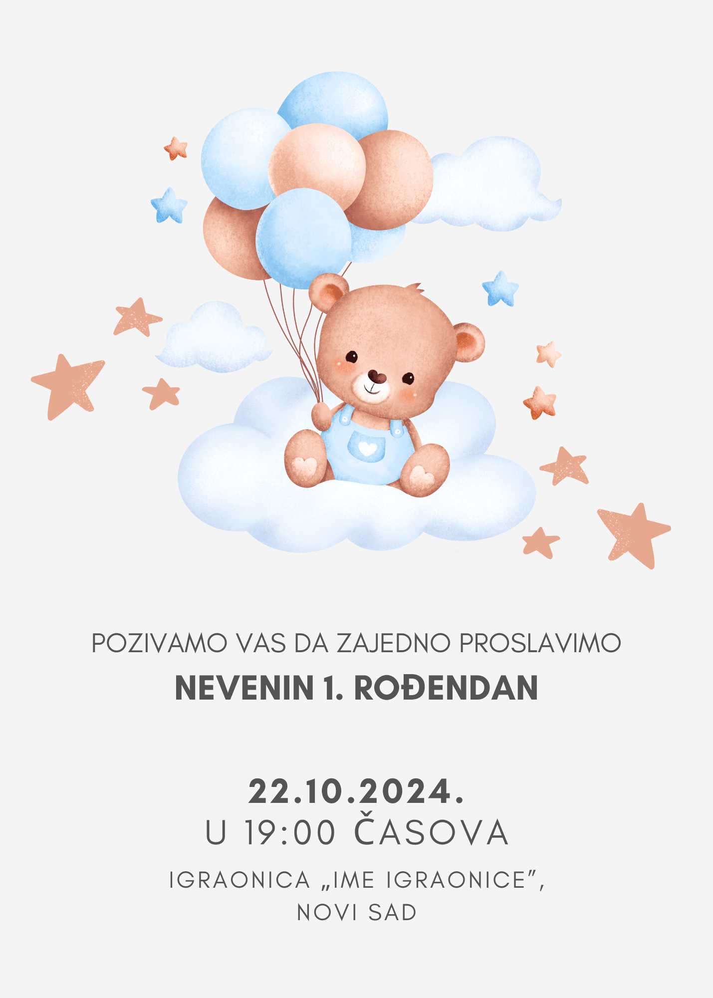 Pozivnica za prvi rođendan s medom, balonima i oblacima.