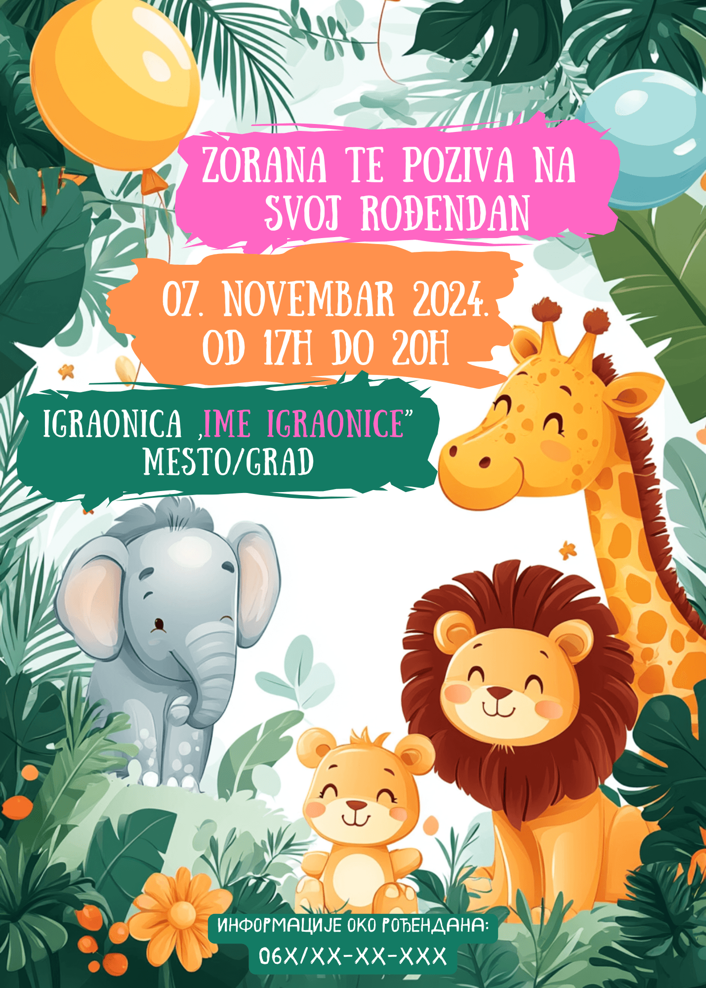 <h2>Ova prelepa i razigrana pozivnica za rođendan inspirisana je džunglom i safari temom, savršenim za decu koja vole životinje i prirodu.</h2><p>Dizajn odiše veselim tonovima, toplim bojama i ilustracijama simpatičnih životinja, što ovu pozivnicu čini idealnom za proslave u avanturističkom duhu.</p> <p><b>Dizajn i elementi pozivnice:</b></p> <p>Pozadina pozivnice ispunjena je bujnim zelenim lišćem i tropskim biljkama, koje stvaraju atmosferu egzotične džungle. U prednjem planu nalaze se tri nasmejane životinje:</p> <ul><li>Slon sa krupnim ušima i blagim osmehom,</li><li>Lav sa velikom, raskošnom grivom i radosnim izrazom,</li><li>Žirafa koja veselo viri iz pozadine, dodajući visinu i dinamičnost ilustraciji.</li></ul> <p>Pored odraslog lava nalazi se i mali lavić, simbolizujući slavljenika i dodajući dodatnu dozu topline i razigranosti. Oko životinja su cvetovi i biljke, doprinoseći bogatoj prirodnoj atmosferi.</p> <p>Pozivnica je upotpunjena velikim narandžastim i plavim balonima, koji vise sa grana i dodaju dodatni svečani ton celokupnom dizajnu.</p> <p>Ova džungla rođendanska pozivnica savršena je za male avanturiste i ljubitelje životinja, donoseći osećaj veselja, zabave i uzbuđenja pred nezaboravnu proslavu!</p>
