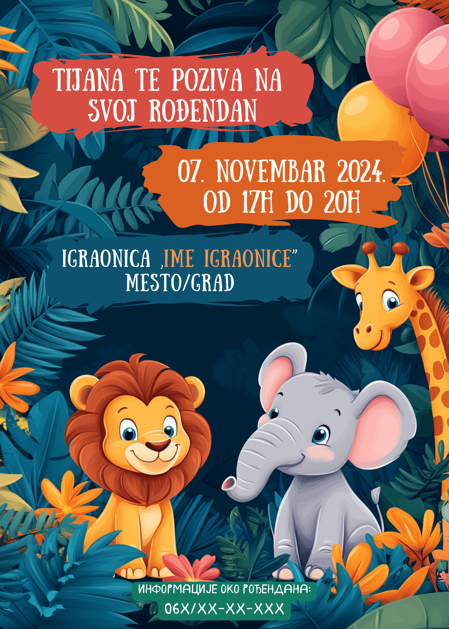 <h2>Ova vesela i šarena pozivnica za rođendan savršena je za male ljubitelje životinja i prirode!</h2><p>Dizajn je razigran, pun boja i simpatičnih likova iz džungle, stvarajući toplu i prijateljsku atmosferu koja će odmah privući pažnju.</p><p><b>Dizajn i ilustracije:</b></p><p><b>Pozadina:</b> Tamnoplava džungla ispunjena bogatim zelenilom i egzotičnim lišćem, uz dodatak svetlijih narandžastih i žutih cvetova koji dodaju kontrast i živost dizajnu.</p><p><b>Životinje:</b></p><ul><li><b>Lav:</b> Sedi s leve strane, nasmejan i umiljat, s gustom grivom i velikim plavim očima, simbolizujući hrabrost i zabavu.</li><li><b>Slon:</b> Na desnoj strani, s velikim ušima i blagim osmehom, širi vedrinu i nežnost.</li><li><b>Žirafa:</b> Izviruje s desne strane pozivnice, znatiželjno posmatrajući s balonima u narandžastoj i roze boji iznad sebe — savršen detalj koji asocira na slavlje.</li></ul><p><b>Boje i stil:</b></p><ul><li><b>Paleta boja:</b> Duboko plava, zelena, narandžasta, bela i žuta — kombinacija koja asocira na džunglu i dečiju radost.</li><li><b>Font:</b> Razigran, dečiji font koji prati veseli ton pozivnice i dodaje joj dodatnu dozu šarma.</li></ul>
