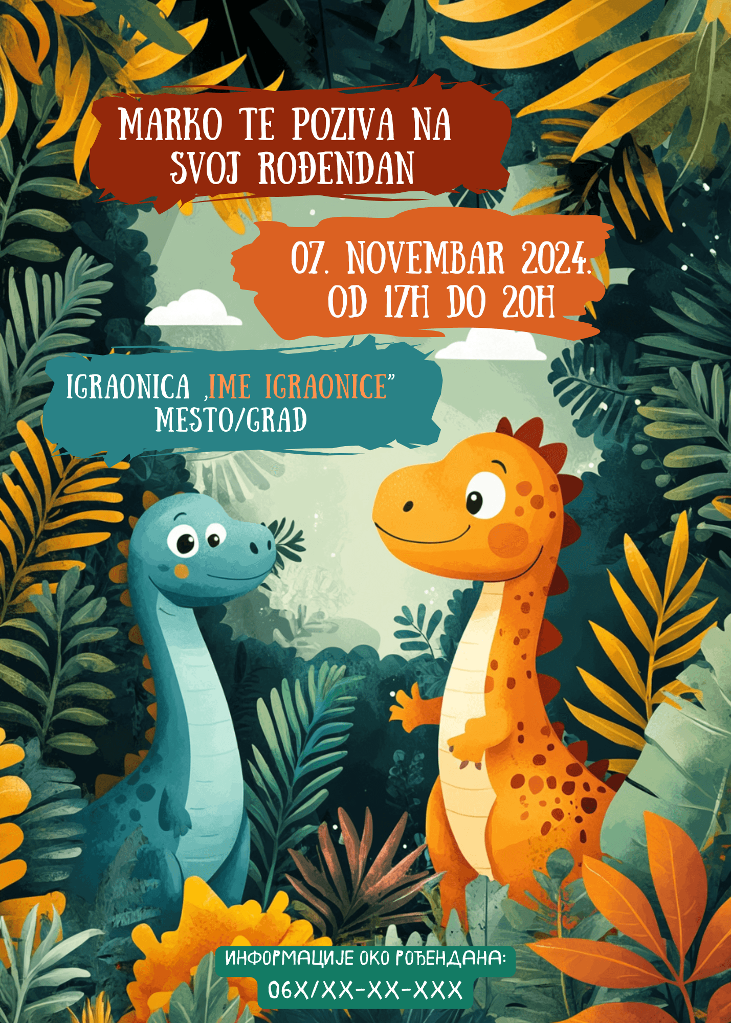 <h2>Ova vesela i razigrana pozivnica za dečiji rođendan</strong> vodi goste na avanturu kroz praistorijski svet, ispunjen dinosaurusima i bujnom džunglom.</h2> <p>Savršen izbor za male istraživače koji vole prirodu i dinosauruse!</p><p><b>Vizuelni elementi:</b></p><ul><li>Plavi t-reks: Levo stoji plavi dinosaurus sa nežnim osmehom i velikim okruglim očima, koji odiše prijateljstvom i radoznalošću.</li><li>Narandžasti t-reks: Desno se nalazi narandžasti dinosaurus sa braon tufnama, vedrim osmehom i raširenim rukama, kao da pozdravlja goste.</li><li>Pozadina: Gusta džungla sa bogatim zelenilom, lišćem u nijansama žute, narandžaste i tamnozelene, koja stvara atmosferu tropskog raja. Bele oblake iznad krošnji dodaju dodatnu dubinu i osvetljenost slici.</li></ul><p>Pozivnica odiše veseljem, igrom i pustolovinom, savršeno oslikavajući dečiju maštu i uzbuđenje povodom proslave rođendana. Sa dinosaurusima koji pozivaju na zabavu i džunglom koja stvara avanturističku atmosferu, ova pozivnica će sigurno obradovati sve male goste i učiniti da se osećaju kao da su zakoračili u praistorijski svet igre i smeha.</p>