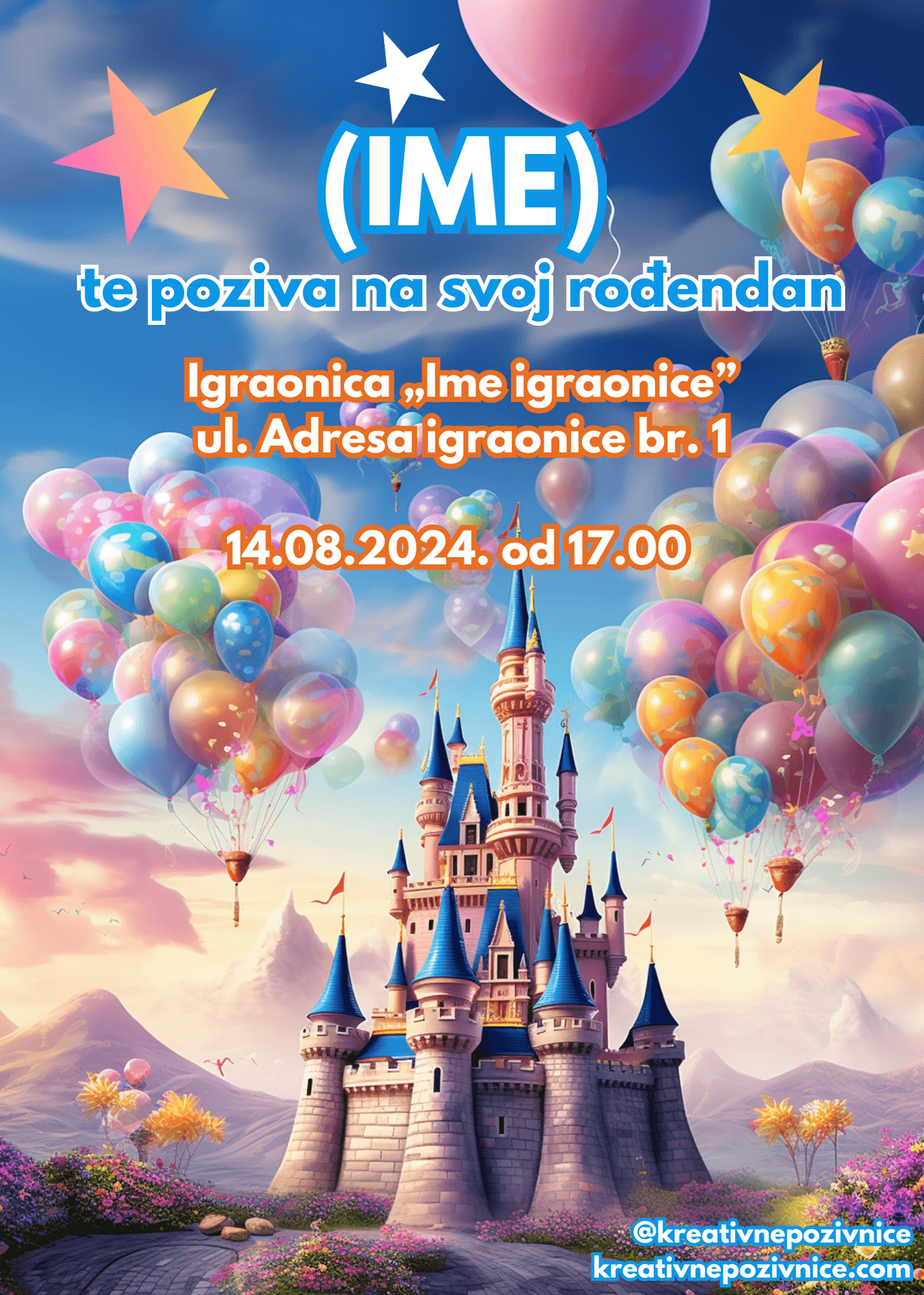Rođendanska pozivnica za dečake. Veliki plavi dvorac sa balonima raznih boja.