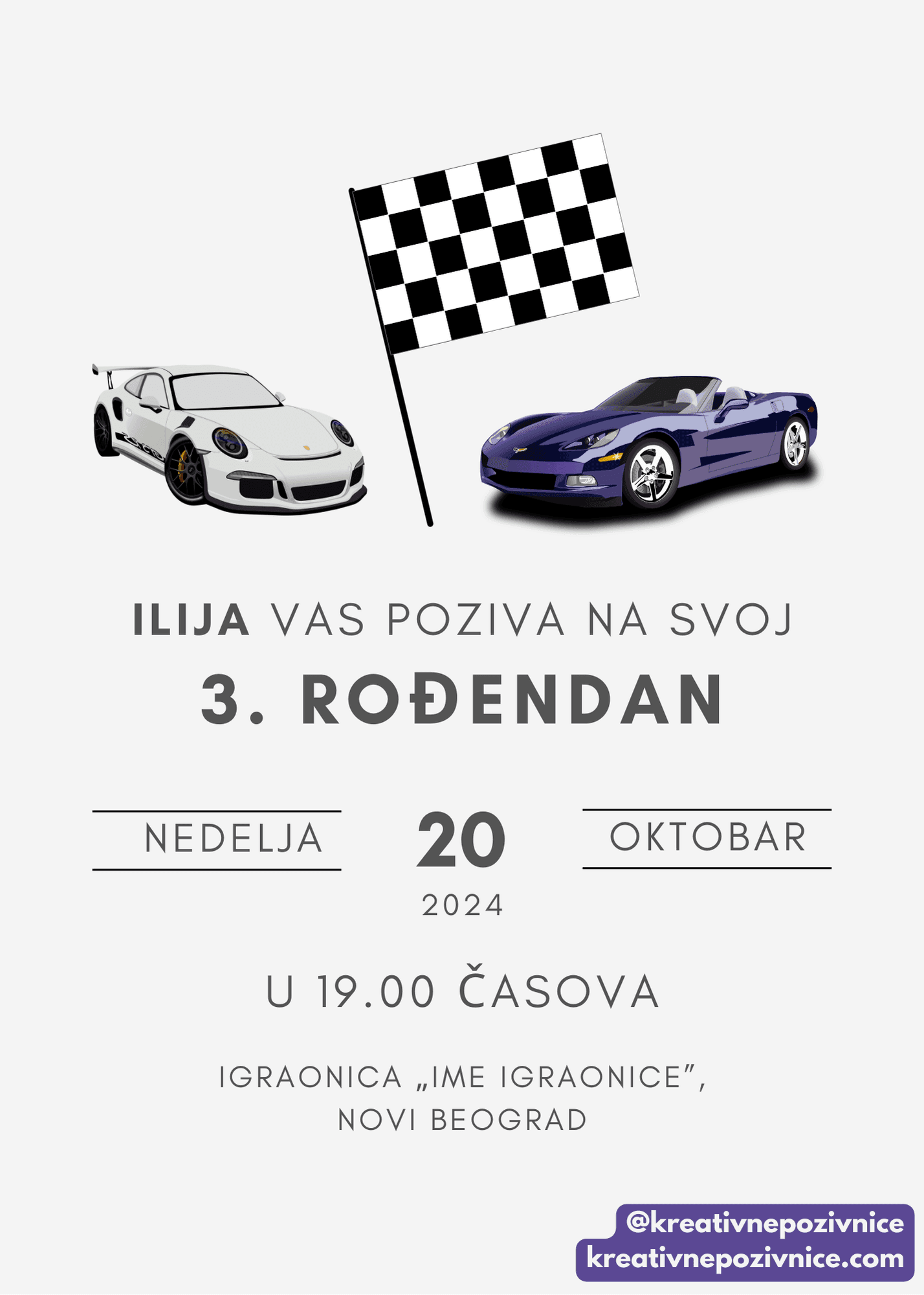 Pozivnica za rođendan s motivima trkačkih automobila i zastavom