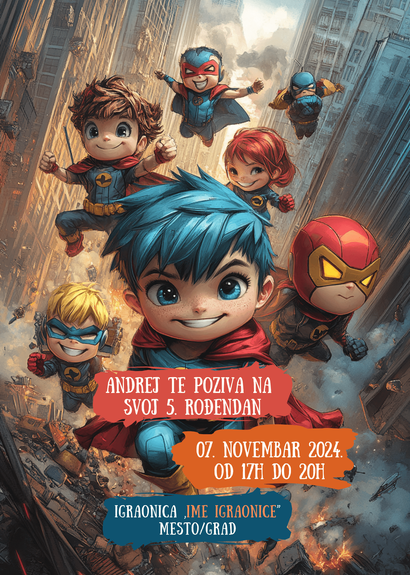 Superherojska rođendanska pozivnica za dečake – Avantura među neboderima.