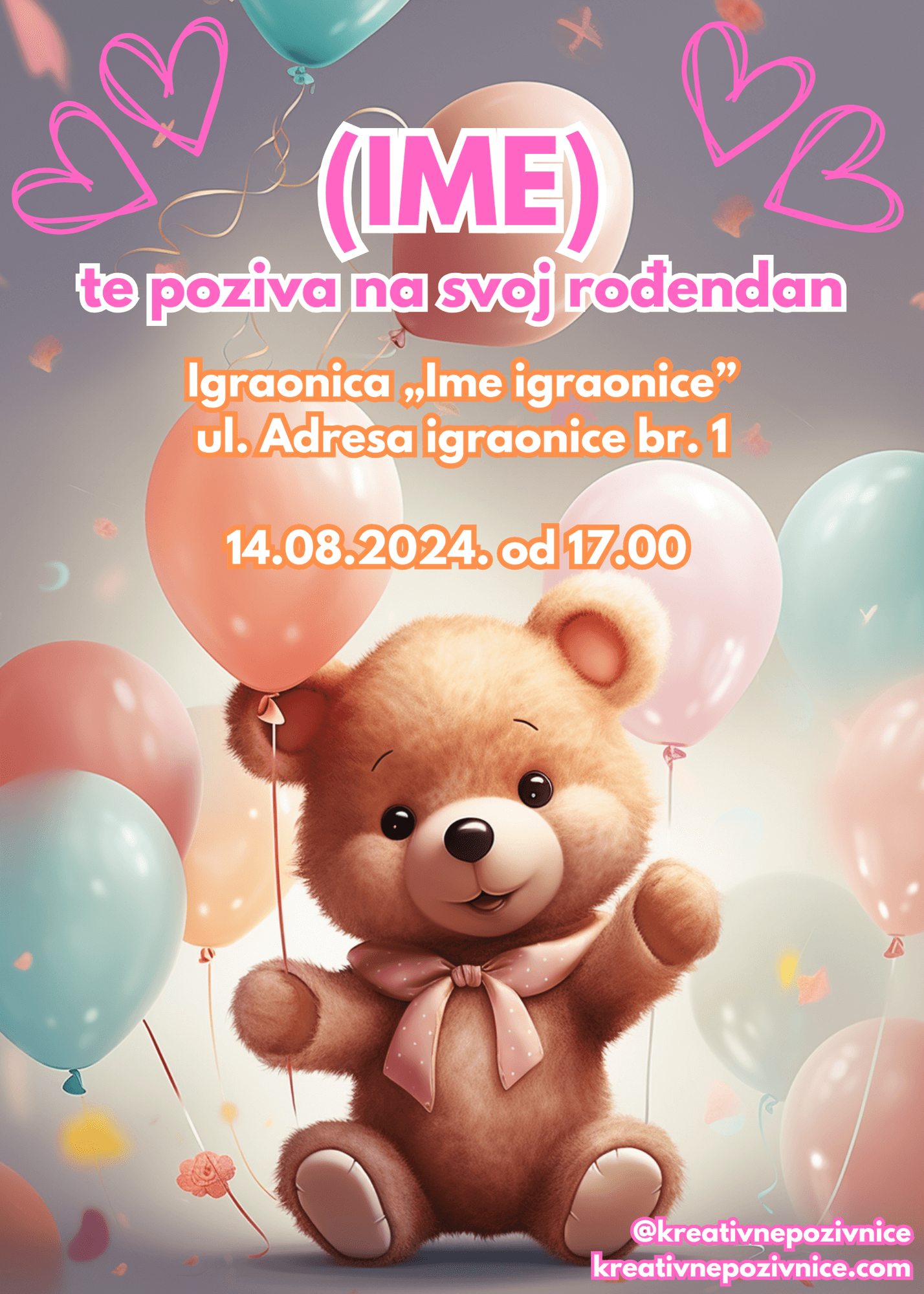 Pozivnica za rođendan. Mali plišani meda drži balon, okružen balonima u raznim bojama.