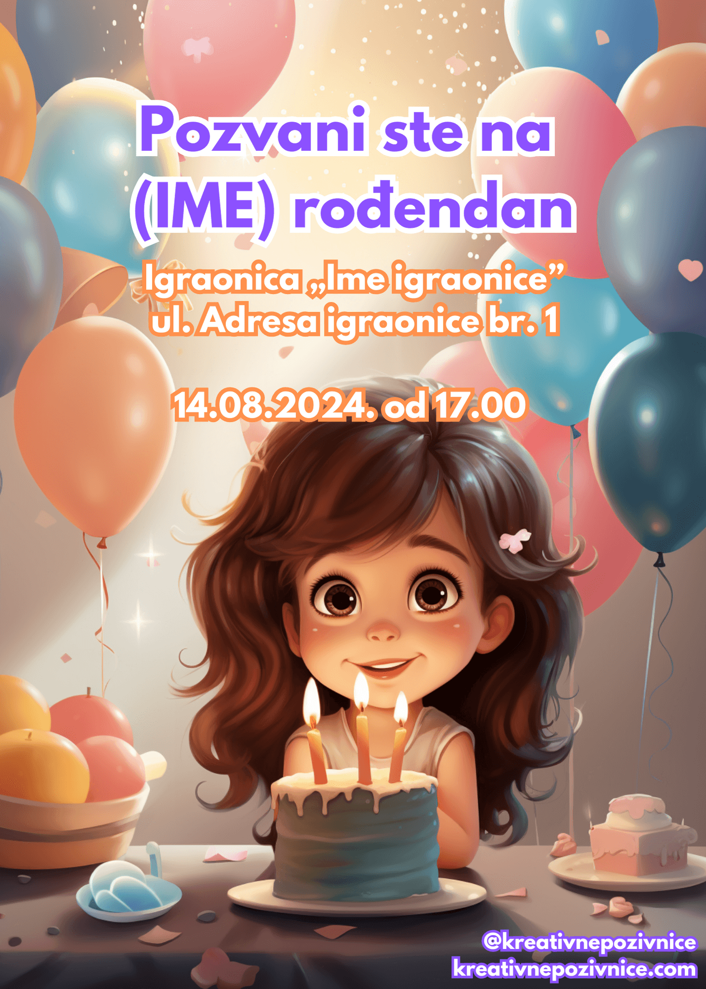 Pozivnica za rođendan. Devojčica sa tortom sa tri rođendanske svećice, okružena raznobojnim balonima.