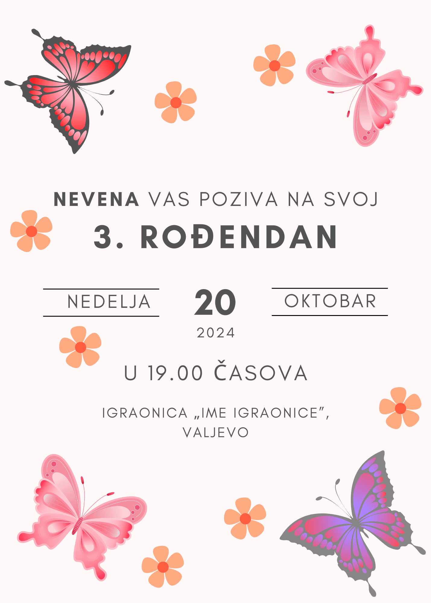 Elegantna pozivnica za dečji rođendan s leptirima i cvećem.