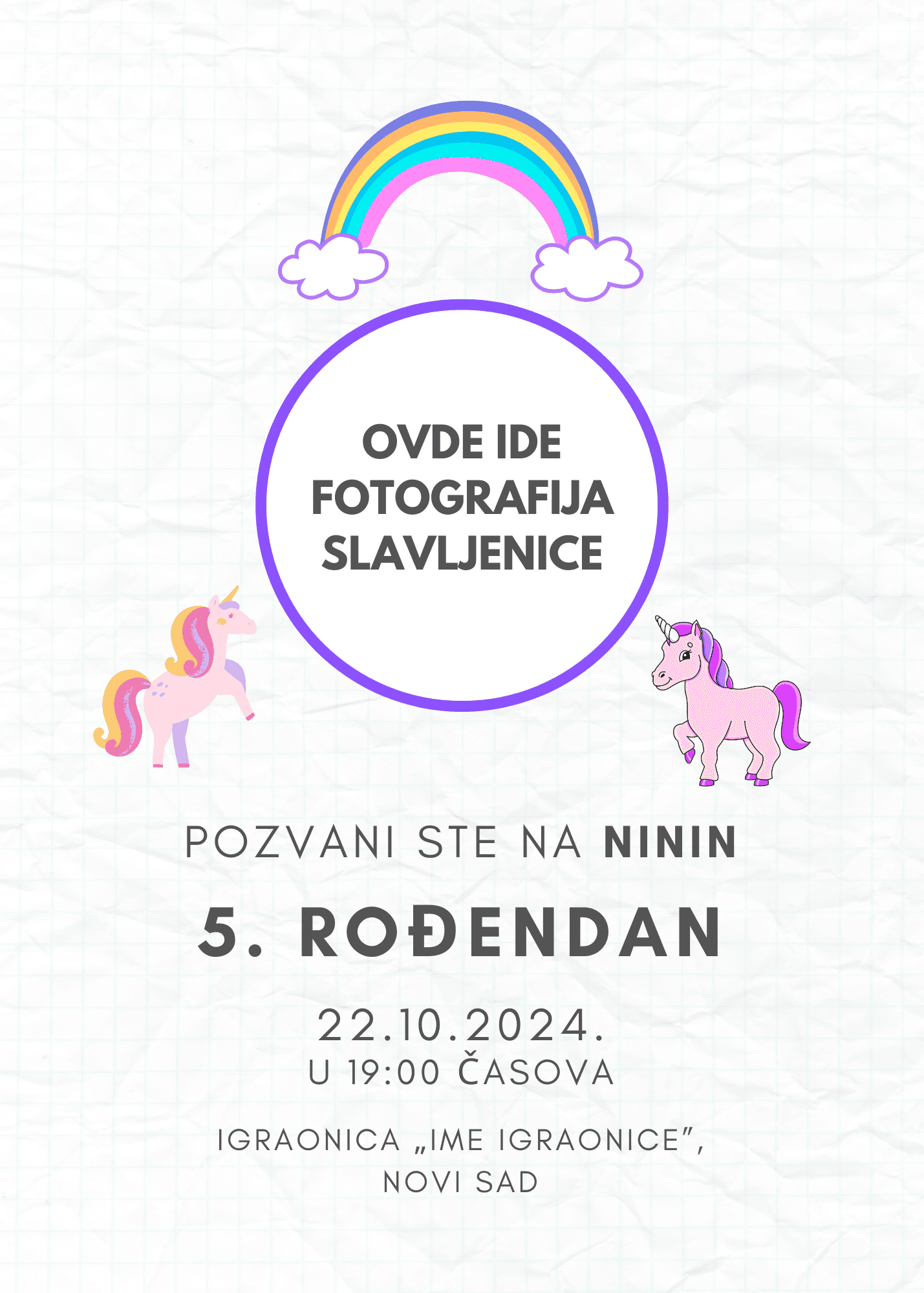 Magična pozivnica za dečji rođendan s jednorozima i duginim bojama.