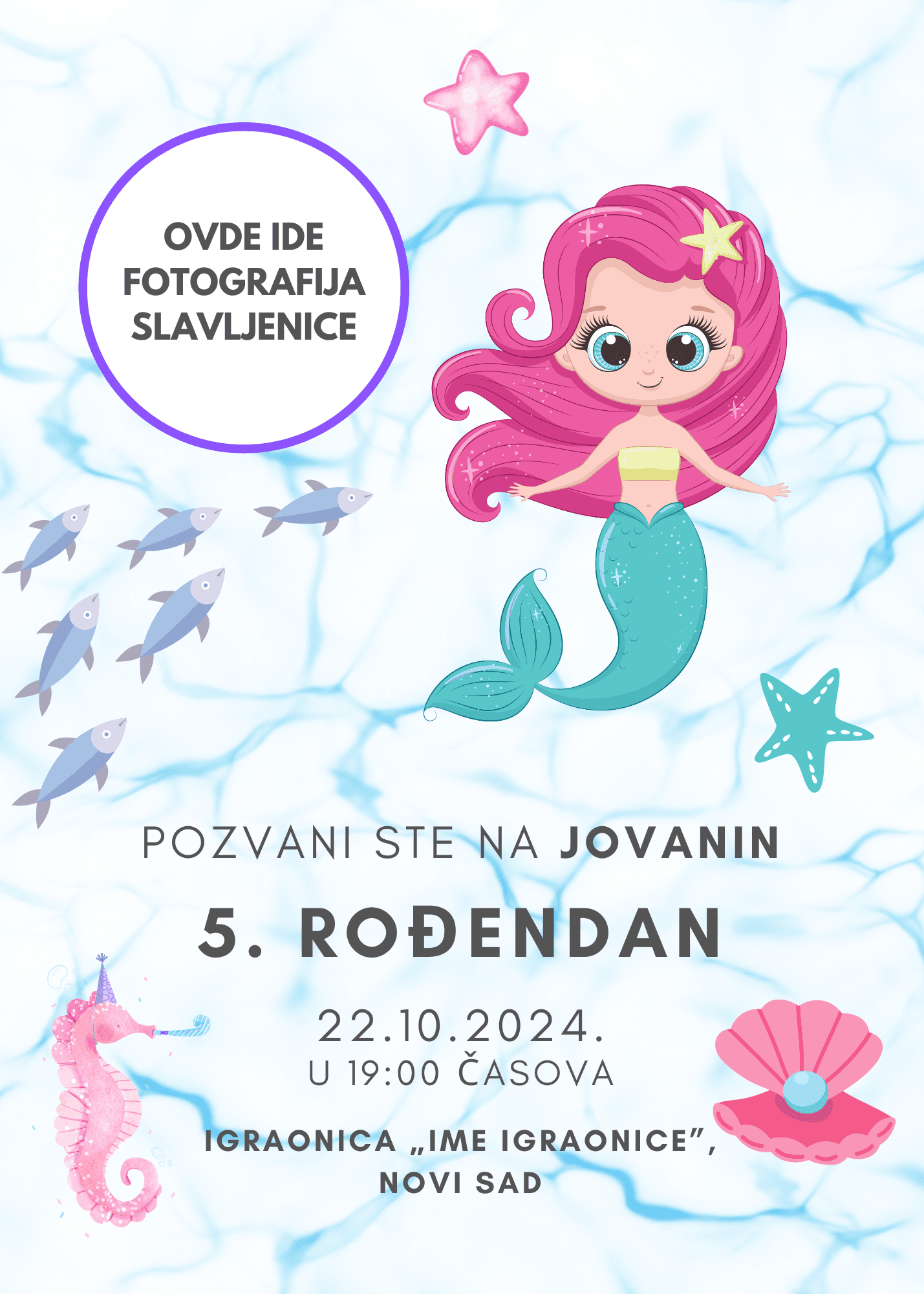 Pozivnica za dečji rođendan s morskom temom i sirenom.