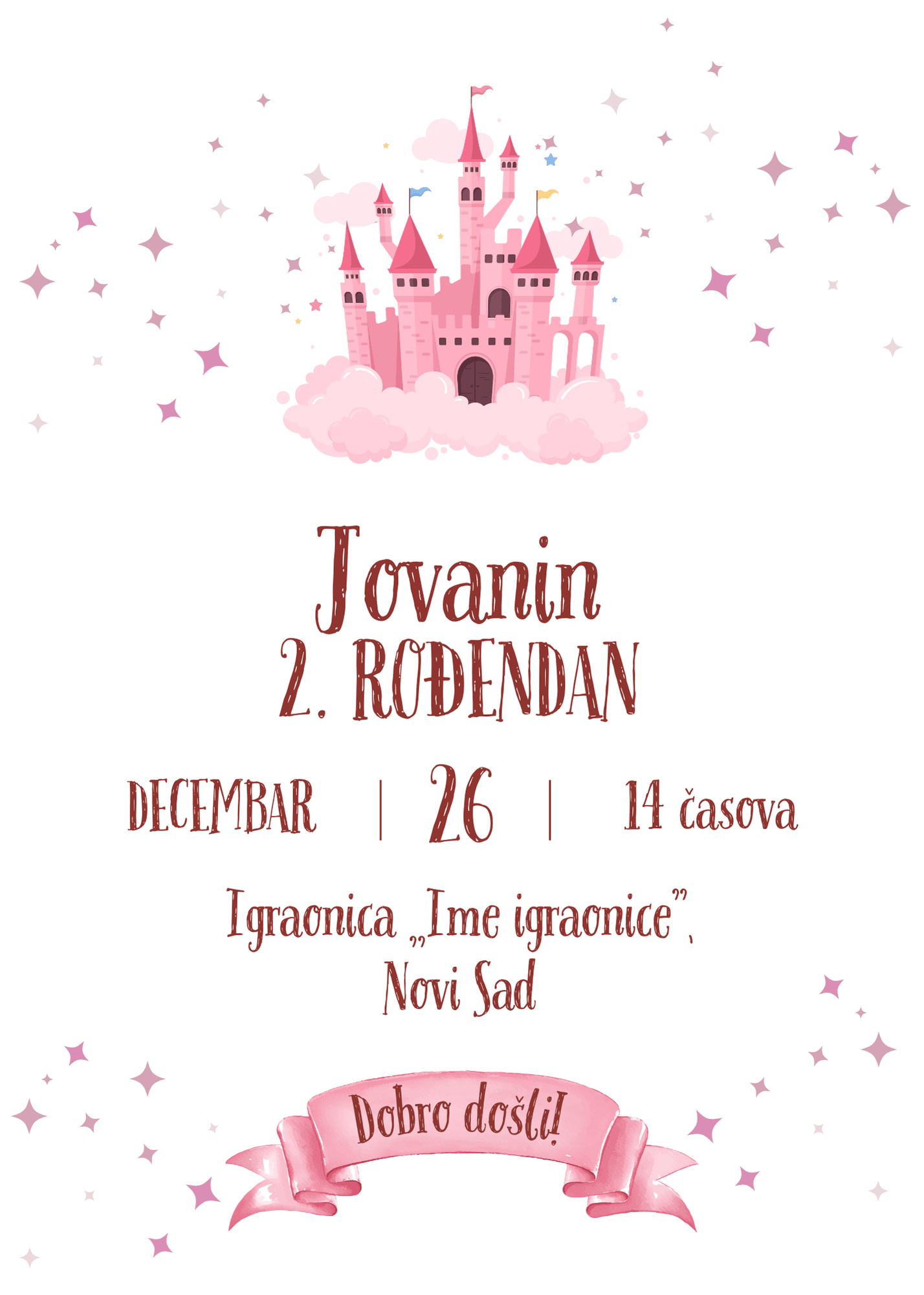 Pozivnica za rođendan sa ilustracijom dvorca koji lebdi na oblacima.
