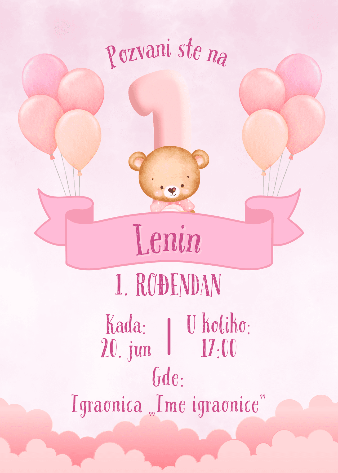 Slatka pozivnica za proslavu prvog rođendana sa motivom mede i balonima