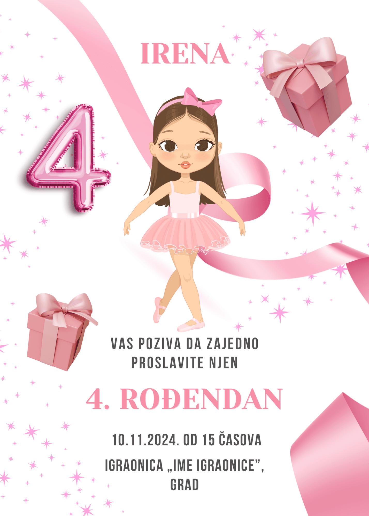 <h2>Ova prelepa pozivnica za dečiji rođendan odiše nežnošću i slatkim baletskim šarmom, savršena za male princeze koje vole ples i svetlucave detalje.</h2> <p>Dizajn je razigran, pun pastelnih nijansi roze boje, sa elementima koji podsećaju na bajkovitu proslavu.</p> <p>U središtu pozivnice nalazi se ilustracija devojčice sa dugom smeđom kosom, obučene u baletski kostim – roze tutu suknjicu i baletanke. Na glavi nosi mašnicu u istoj nijansi, a njena poza podseća na plesnu pozu, dodajući gracioznost dizajnu.</p> <p>Okruženje pozivnice je ispunjeno nežnim detaljima:</p> <ul><li>Roze balon u obliku broja 4 na levoj strani jasno pokazuje koji rođendan se slavi.</li> <li>Pokloni upakovani u roze kutije sa svilenim mašnama nalaze se u gornjem i donjem delu pozivnice, dodajući osećaj iščekivanja i radosti.</li> <li>Roze traka i svetlucave zvezdice lepršaju po pozadini, dajući celom dizajnu svečanu i magičnu atmosferu.</li></ul> <p>Ova pozivnica je idealna za tematske rođendane inspirisane baletom, princezama ili jednostavno proslave koje slave dečju nevinost i maštovitost. Sa svojim nežnim detaljima, sjajnim akcentima i toplom porukom, ona je savršen izbor za nezaboravnu rođendansku proslavu!</p>