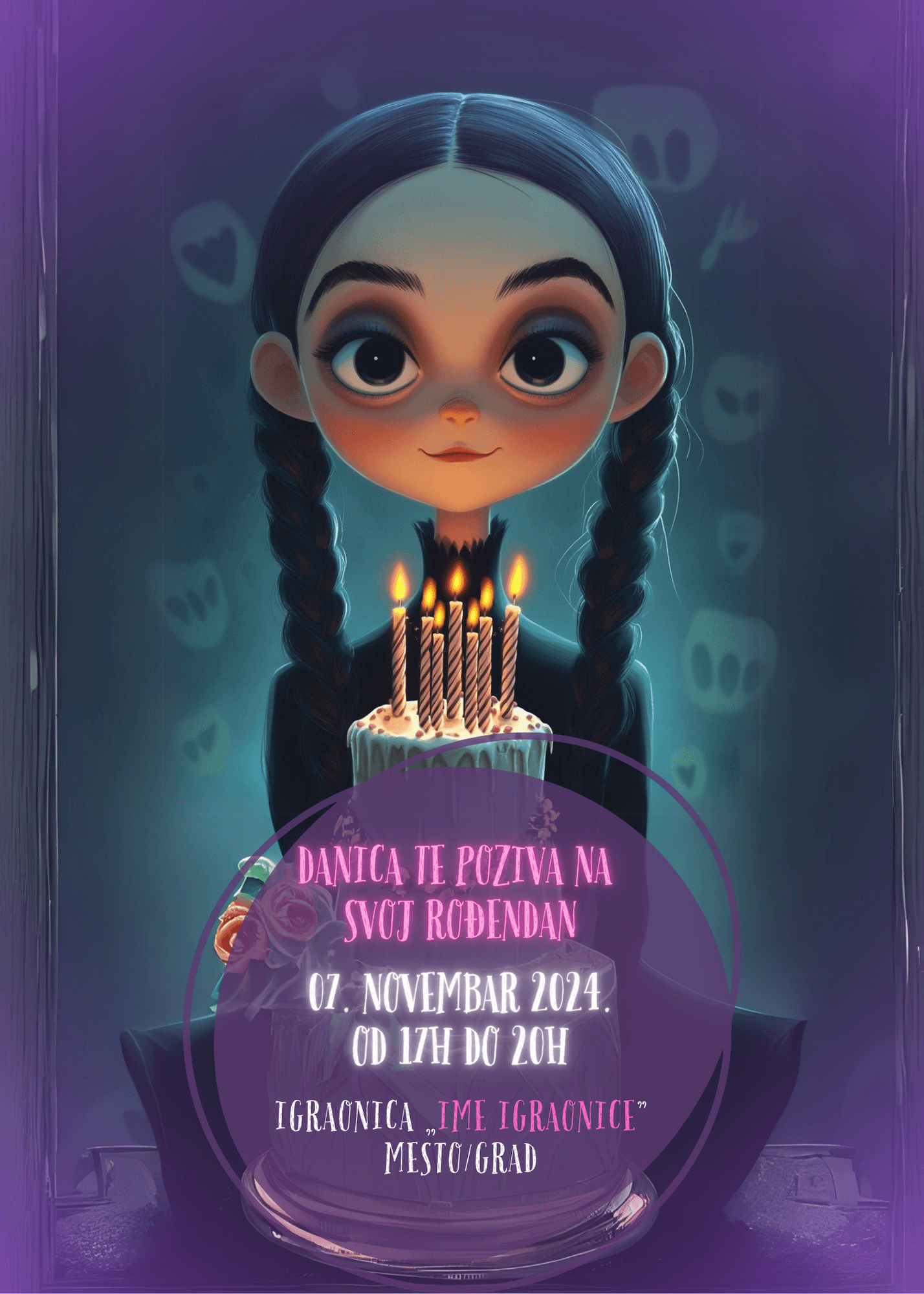 <h2>Ova jedinstvena i mistična pozivnica za rođendan savršena je za decu koja vole malo mračniju estetiku i gotički šarm.</h2> <p>Inspirisana likovima koji vole tamne boje i neobične motive, pozivnica odiše atmosferom tajanstvenosti i bajkovite elegancije.</p> <p>U centru ilustracije nalazi se devojčica bledog tena, sa velikim, tamnim očima i dugim crnim pletenicama. Obučena je u crnu haljinu sa čipkastim detaljima, držeći tortu sa upaljenim svećama koje bacaju topli sjaj na njeno lice. Torta je plave boje sa ružama pored, dodajući dodatnu dozu mistike.</p> <p>Pozadina je tamna, sa nijansama ljubičaste i plave, a na zidovima se vide senke i oblici sablasnih simbola poput duhova i lobanja, što dodatno naglašava tematski izgled pozivnice.</p> <p>Ova pozivnica idealna je za proslave sa tematikom veštica, duhova, gotičkih vila ili inspirisane poznatim mračnim junakinjama iz crtanih filmova i serija. Savršeno balansira između misterije i slatke neobičnosti, garantujući gostima nezaboravno iskustvo i proslavu koja se ne zaboravlja!</p>