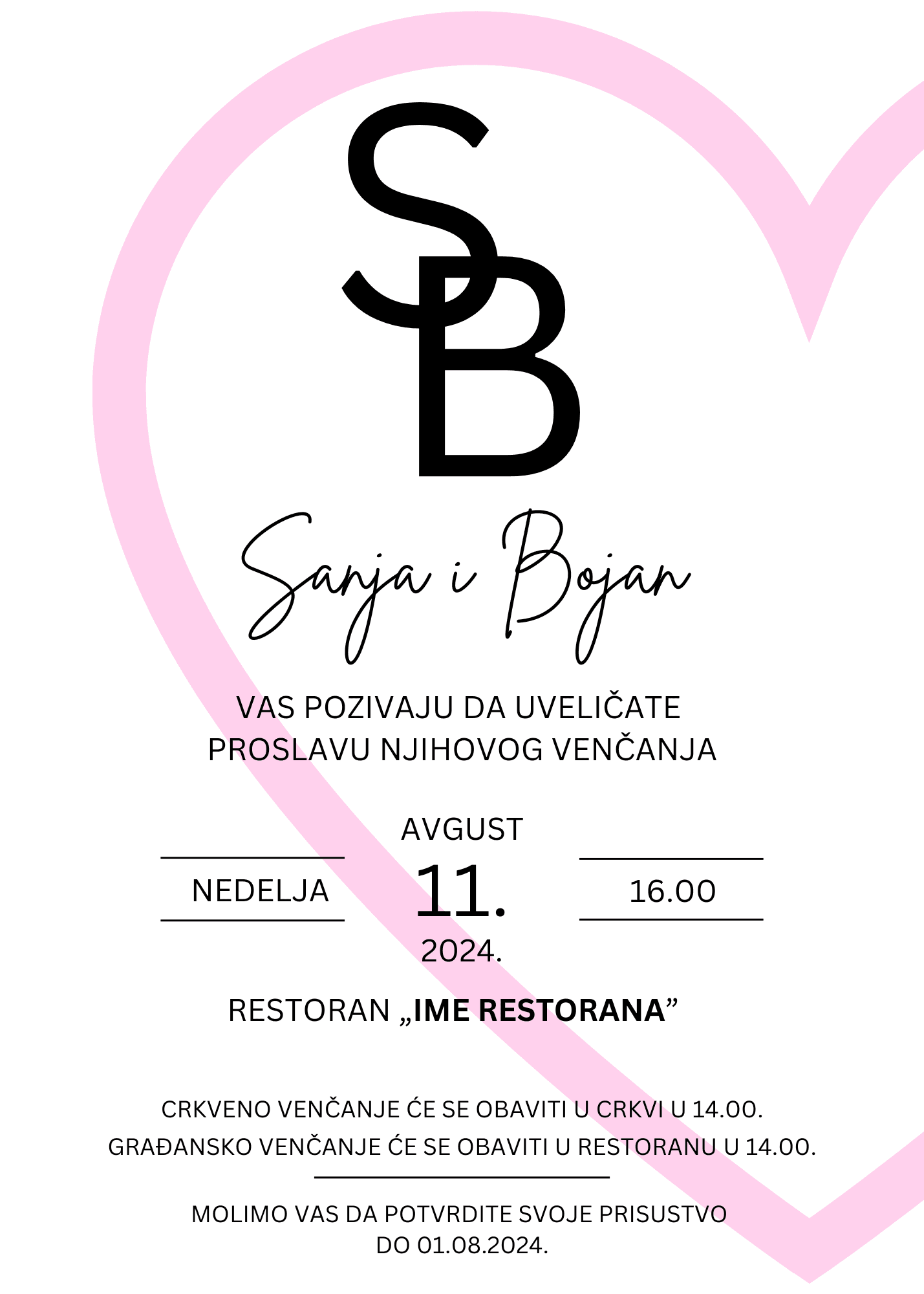 Pozivnica za venčanje sa velikim početnim slovima imena mladenaca unutar srca.