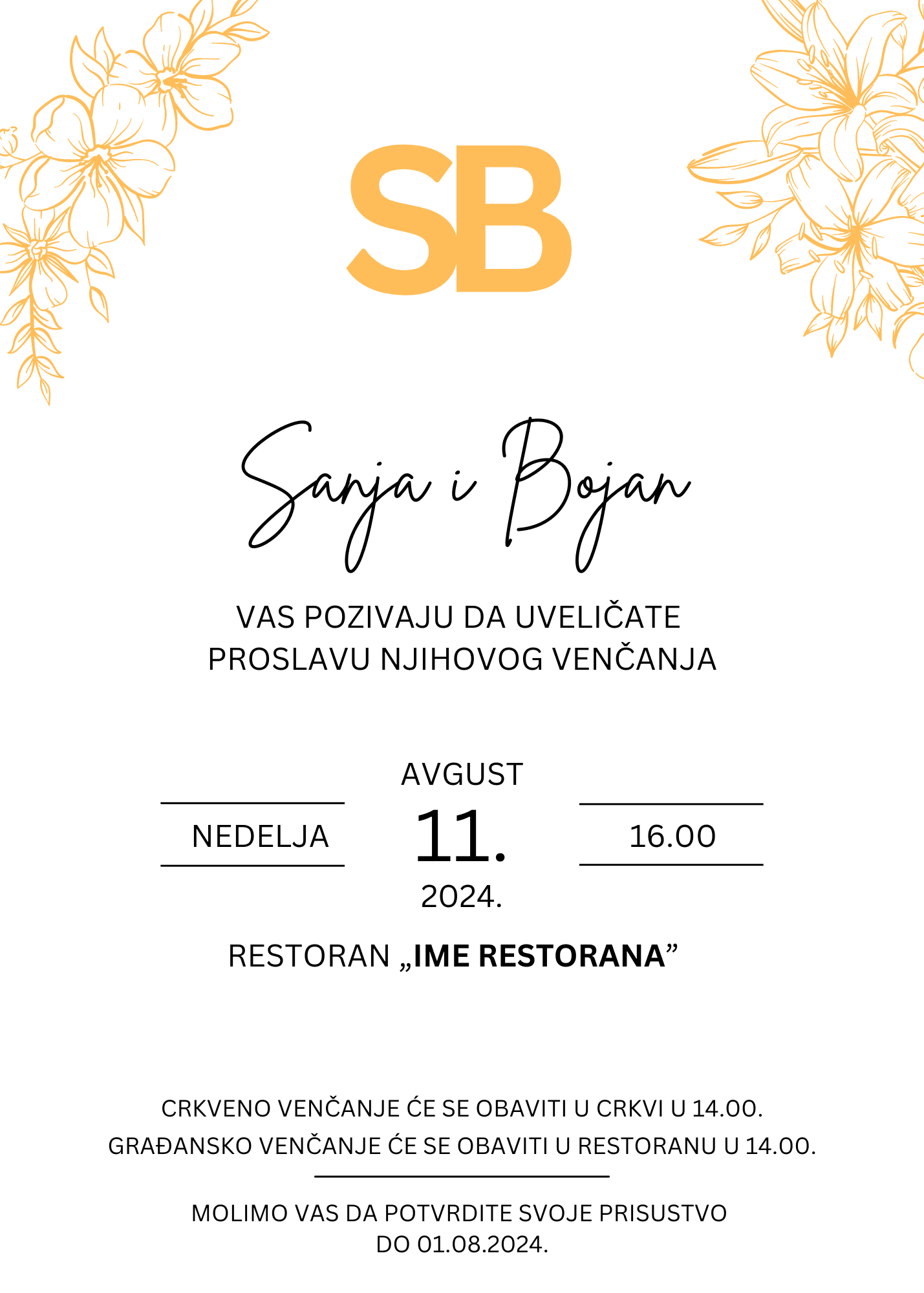 Pozivnica za venčanje sa velikim žutim početnim slovima imena mladenaca.
