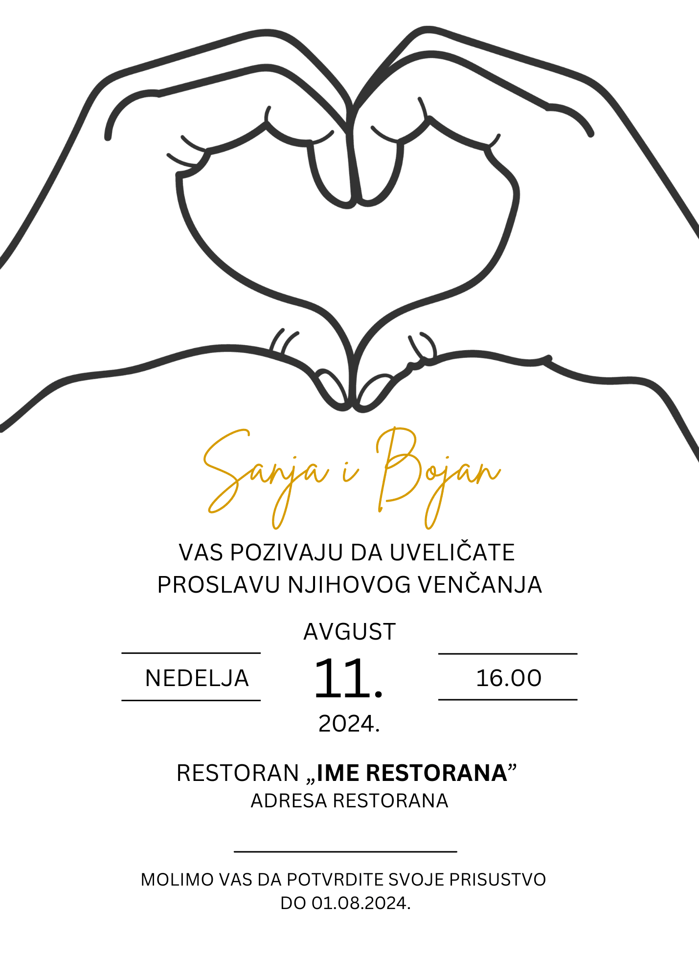 Pozivnica za venčanje sa spojenim dlanovima u obliku srca.