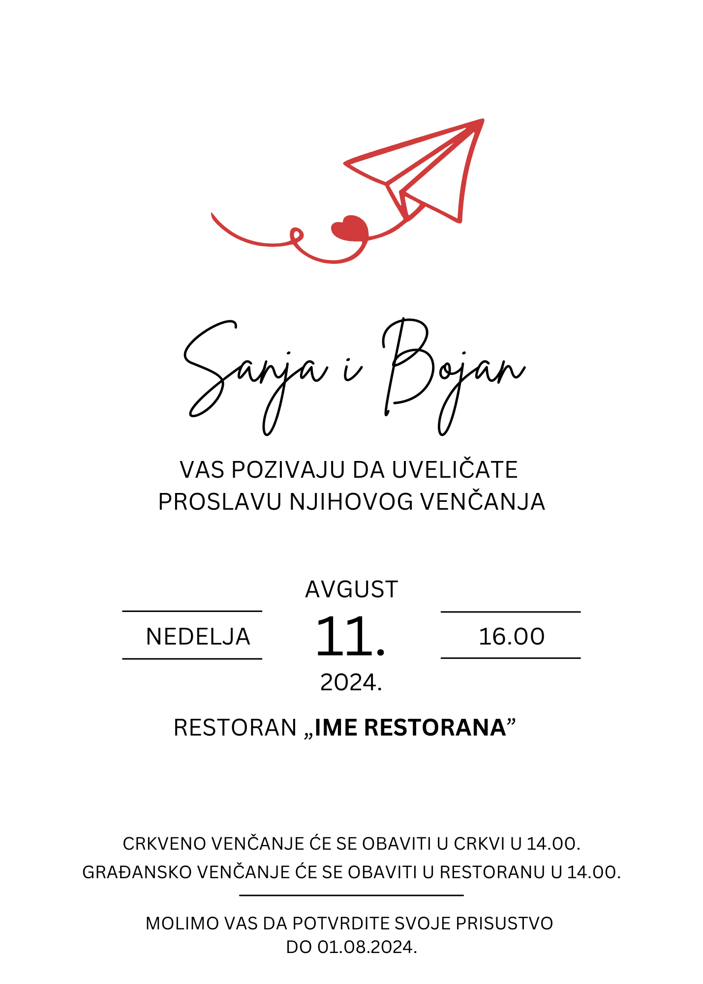 Pozivnica za venčanje sa crvenim avionom od papira koji ostavlja trag.
