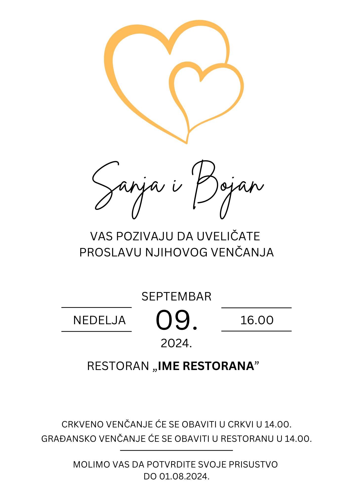 Pozivnica za venčanje sa dva srca. Jedno veće, a drugo je manje. Jedno se nalazi u drugom.